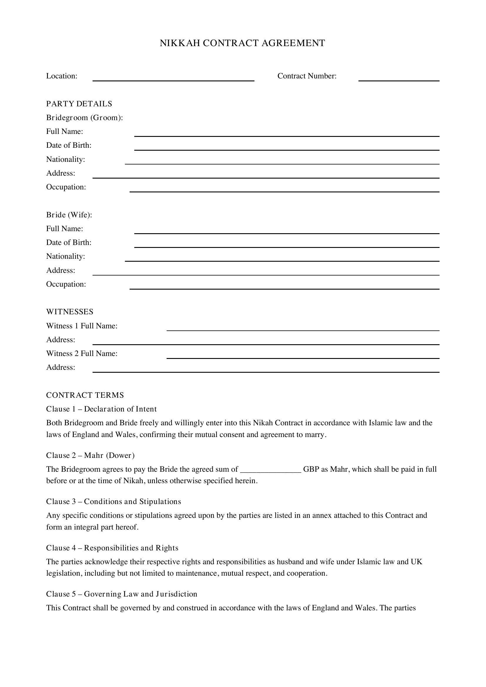 Nikkah Contract Template - UK