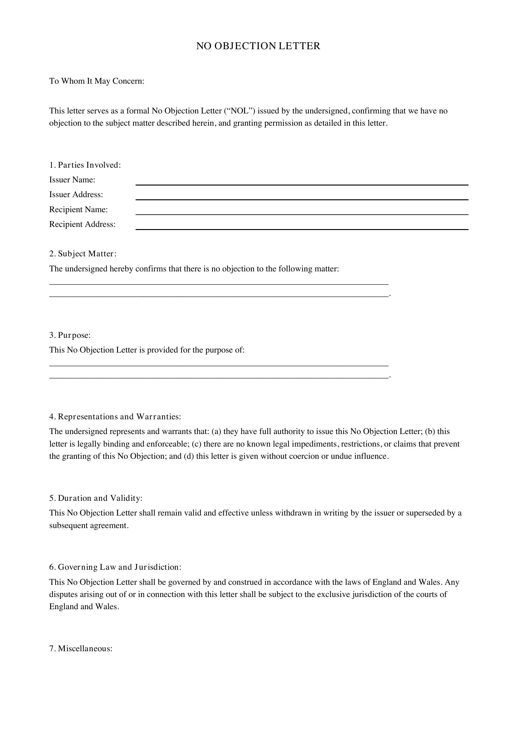 No Objection Letter Template - UK