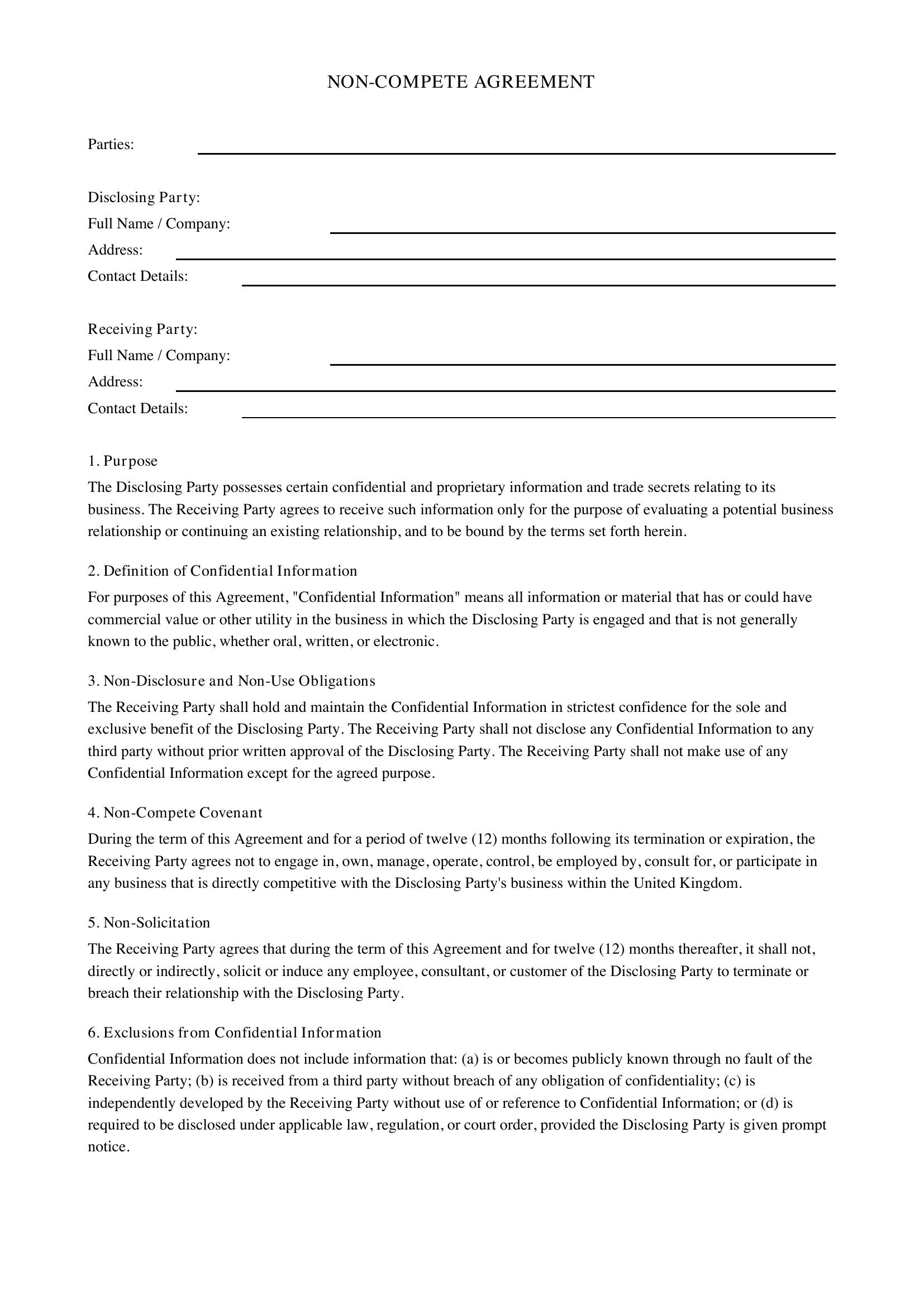 Non Compete Agreement Template - UK