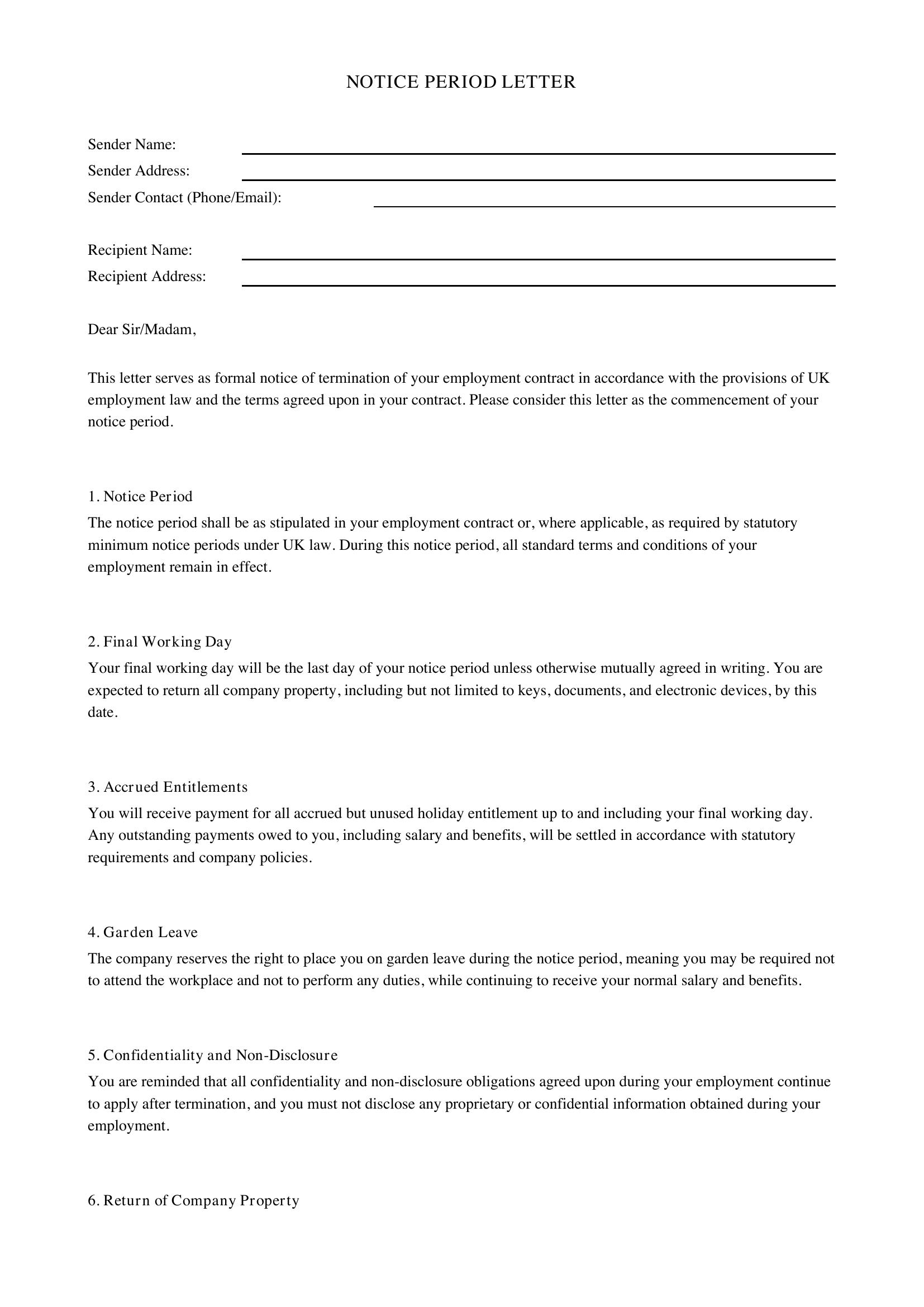 Notice Period Letter Template - UK