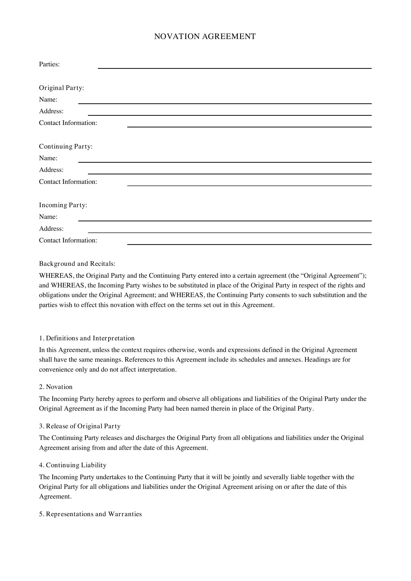 Novation Agreement Template - UK