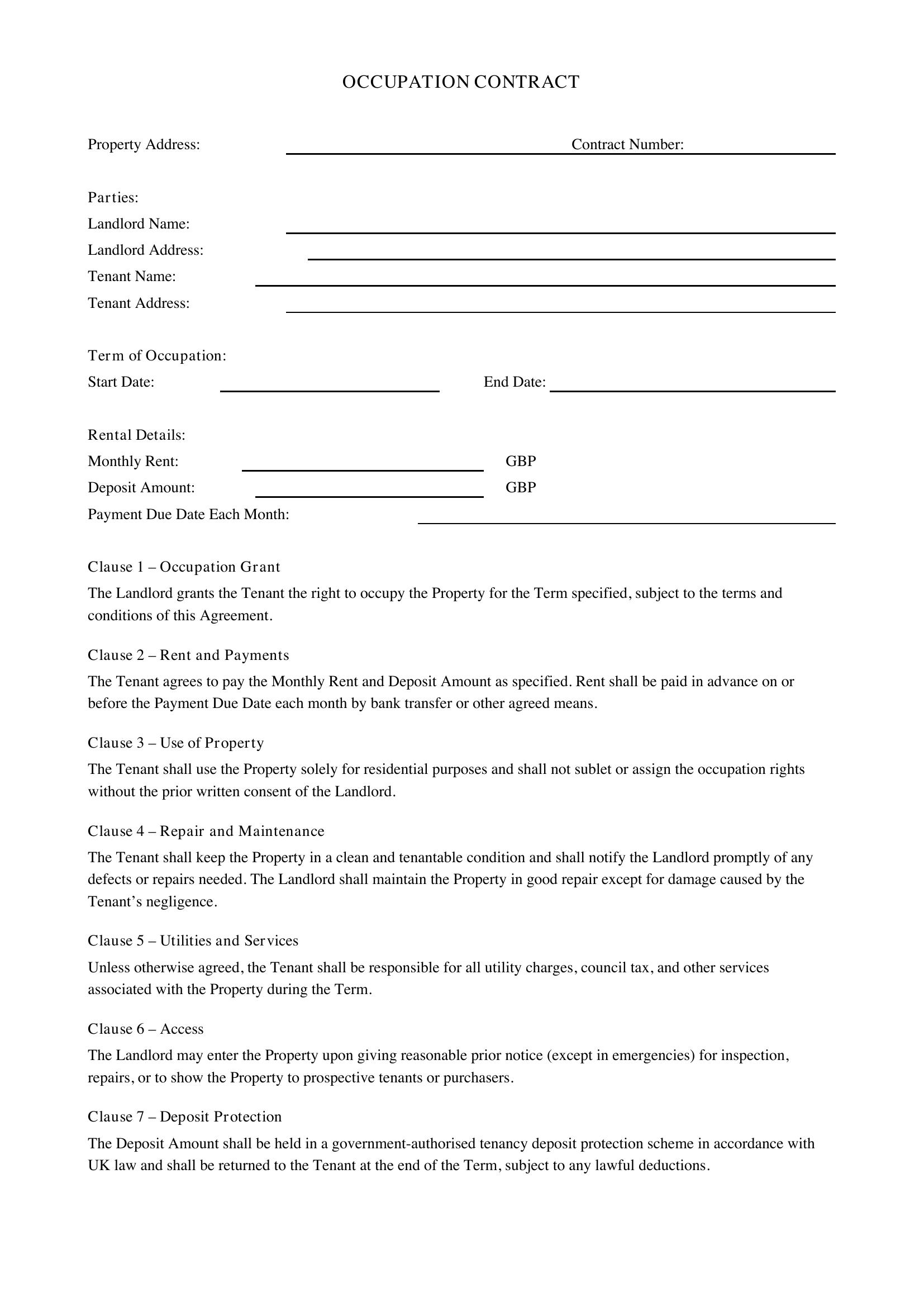 Occupation Contract Template - UK