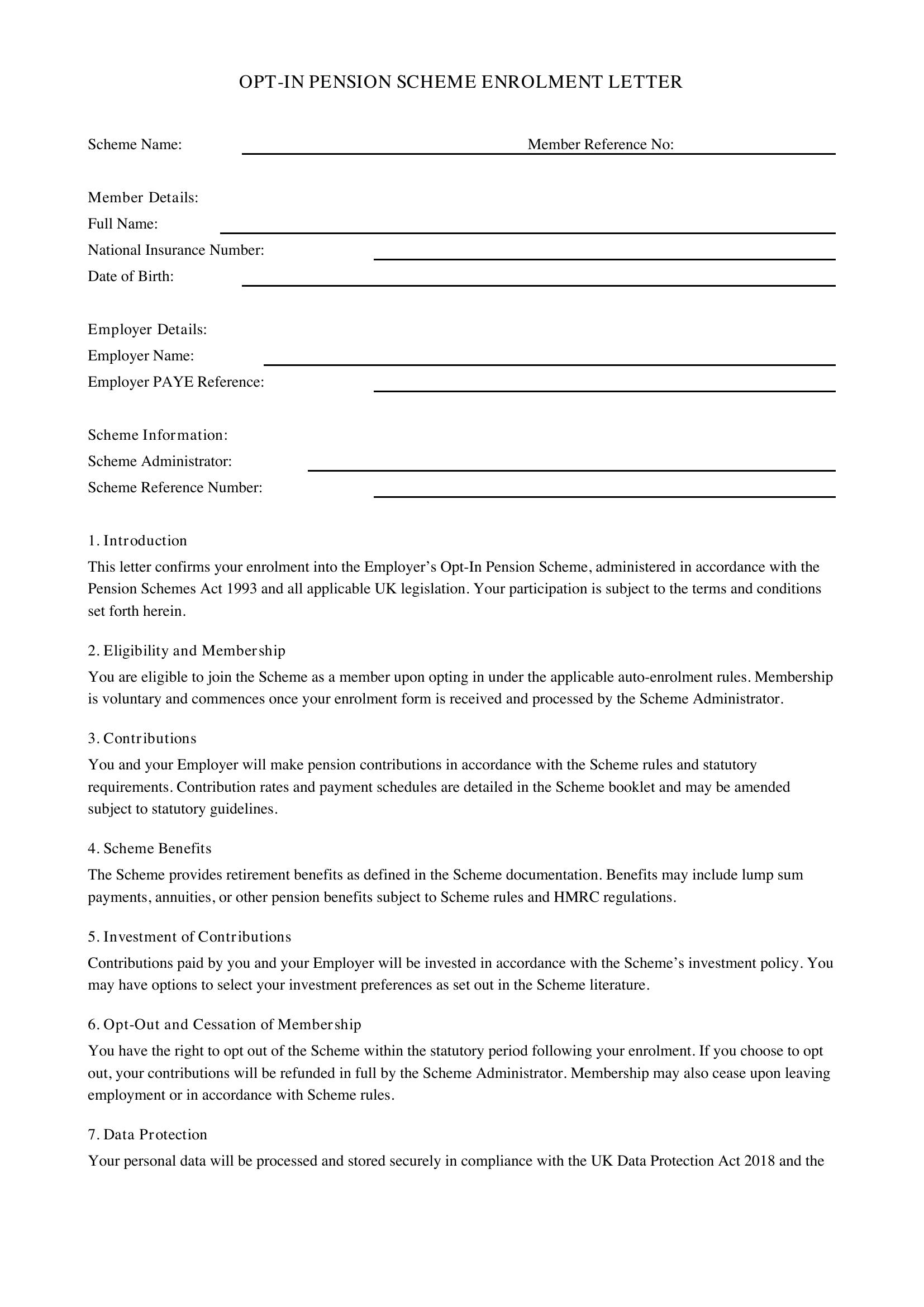 Opt In Pension Letter Template - UK