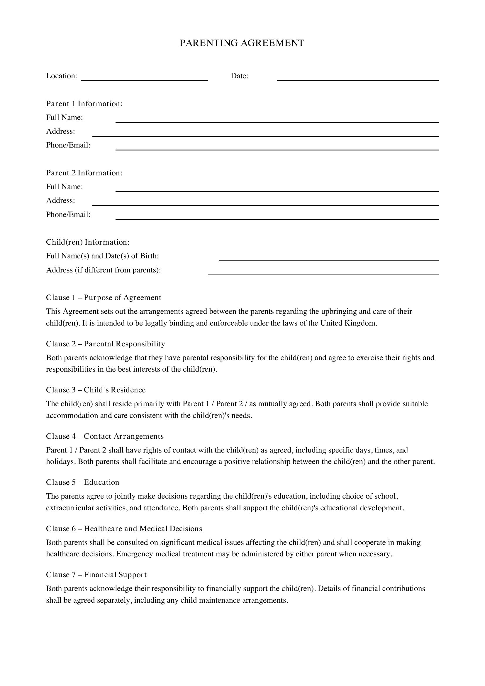 Parenting Agreement Template - UK