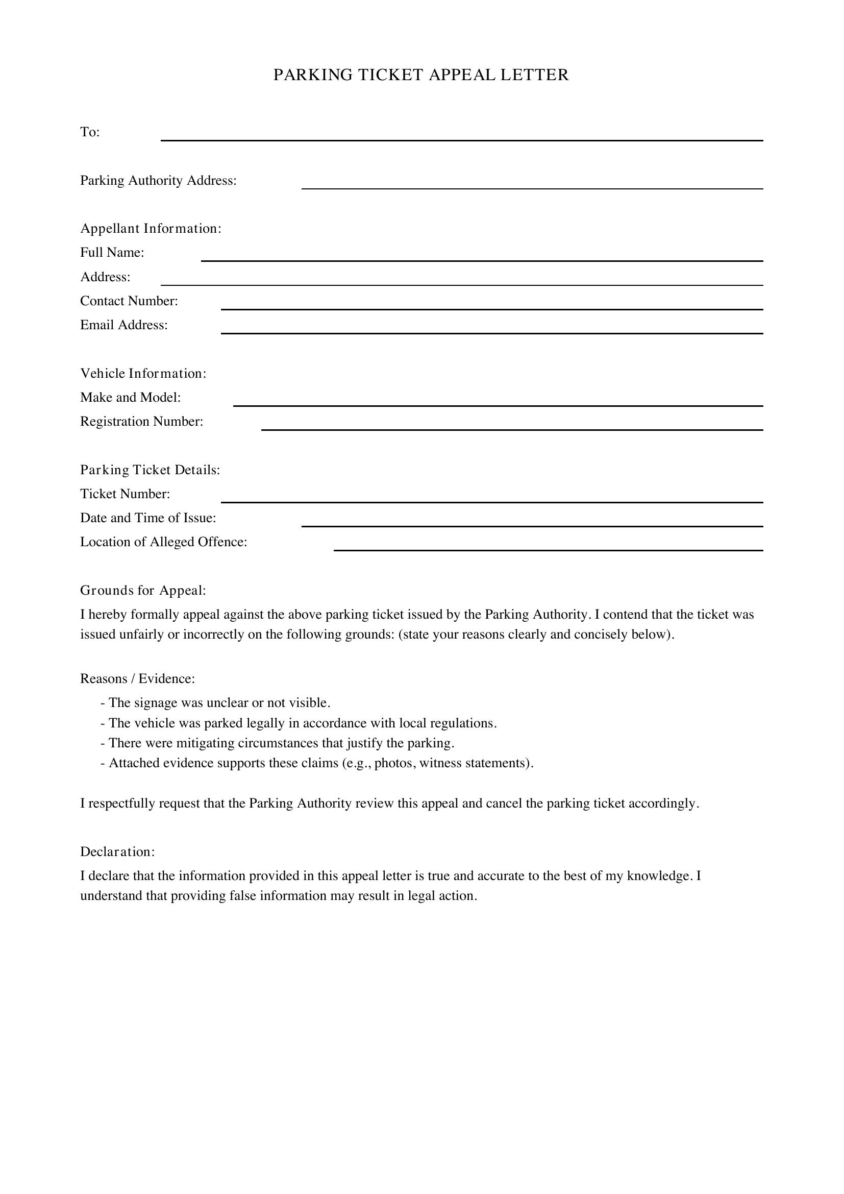 Parking Ticket Appeal Letter Template - UK