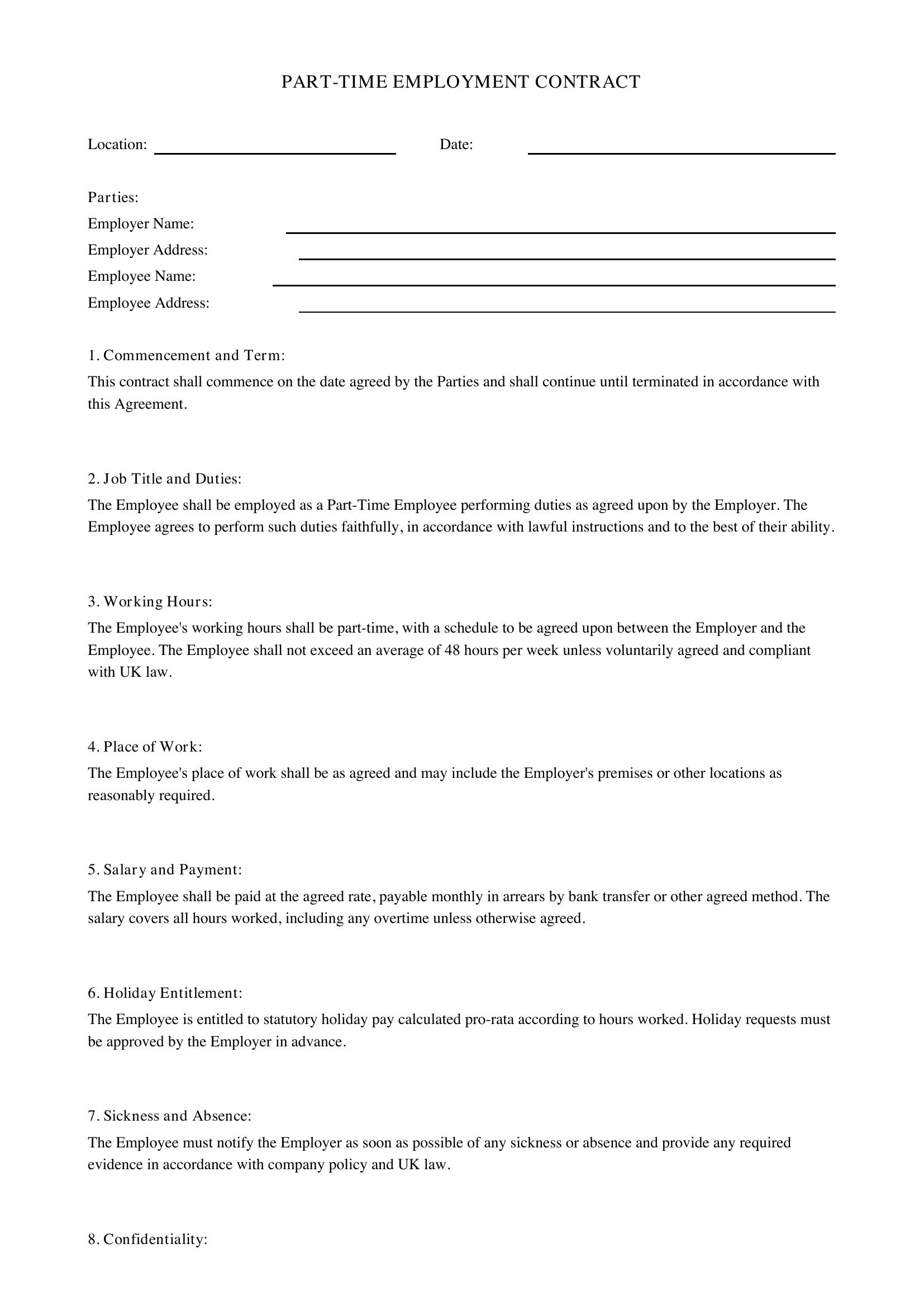 Part Time Employment Contract Template - UK