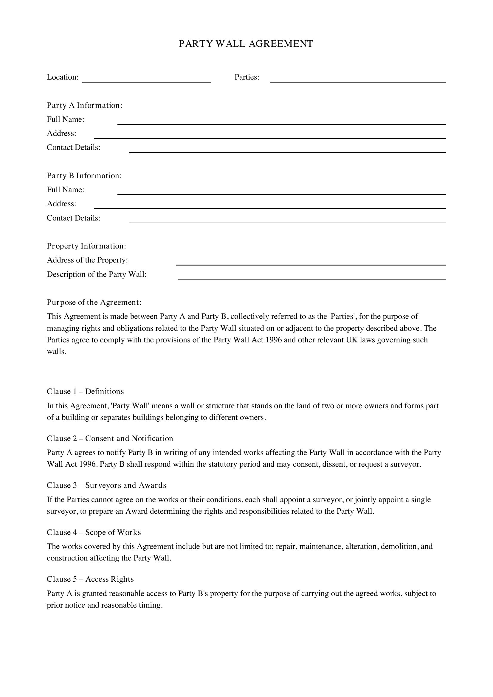 Party Wall Agreement Template - UK