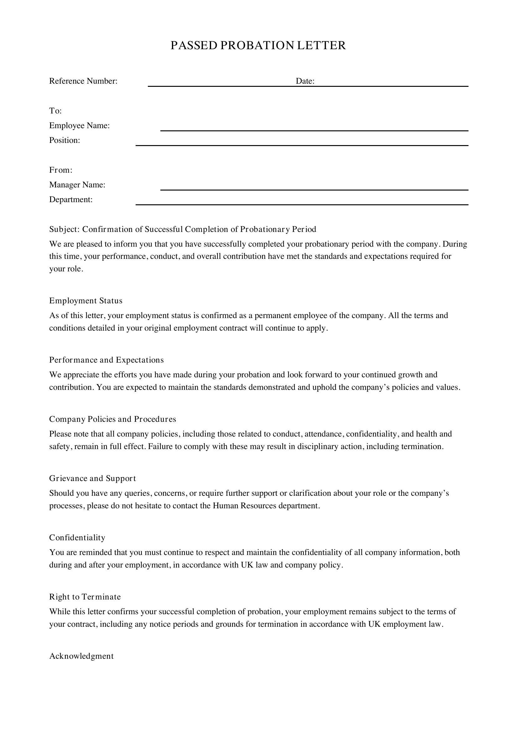 Passed Probation Letter Template - UK
