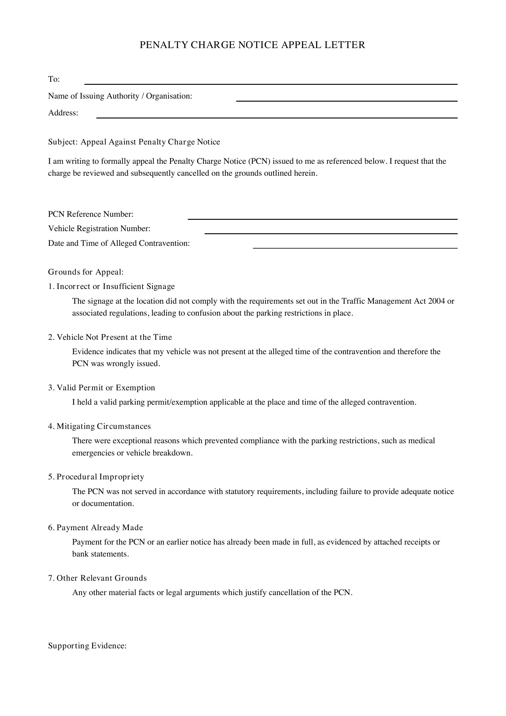 Pcn Appeal Letter Template - UK