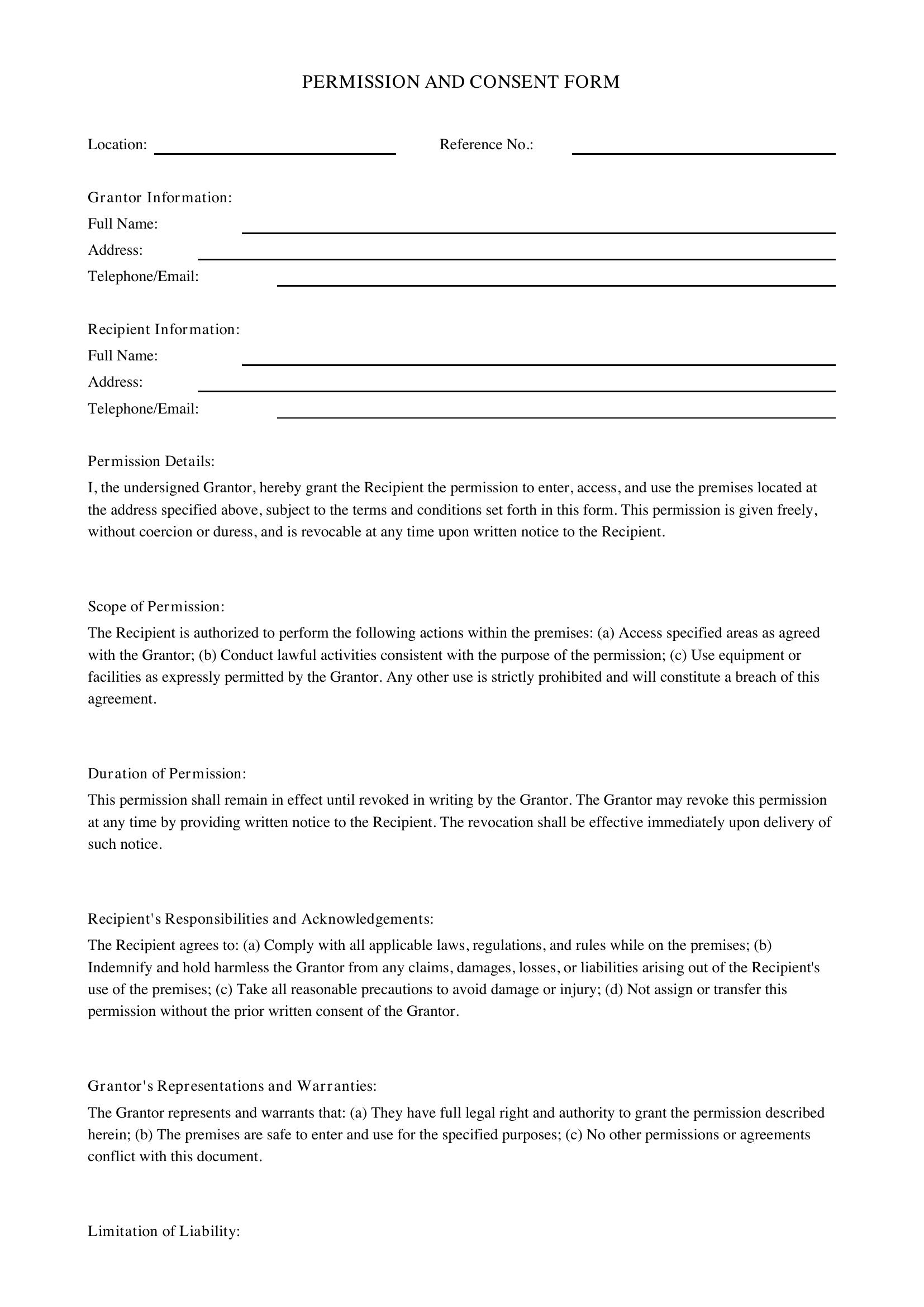 Permission Consent Form Template - UK