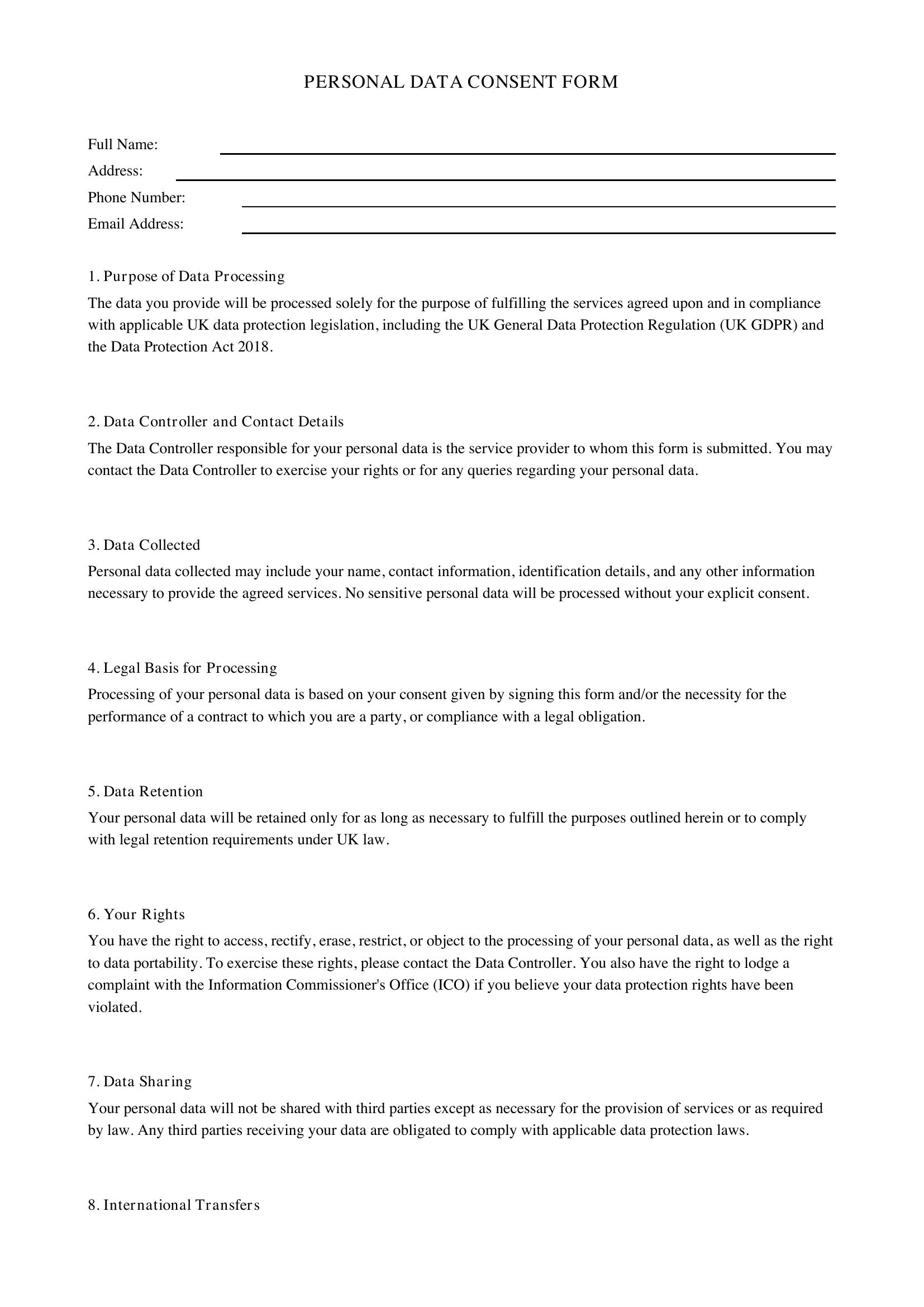 Personal Data Consent Form Template - UK