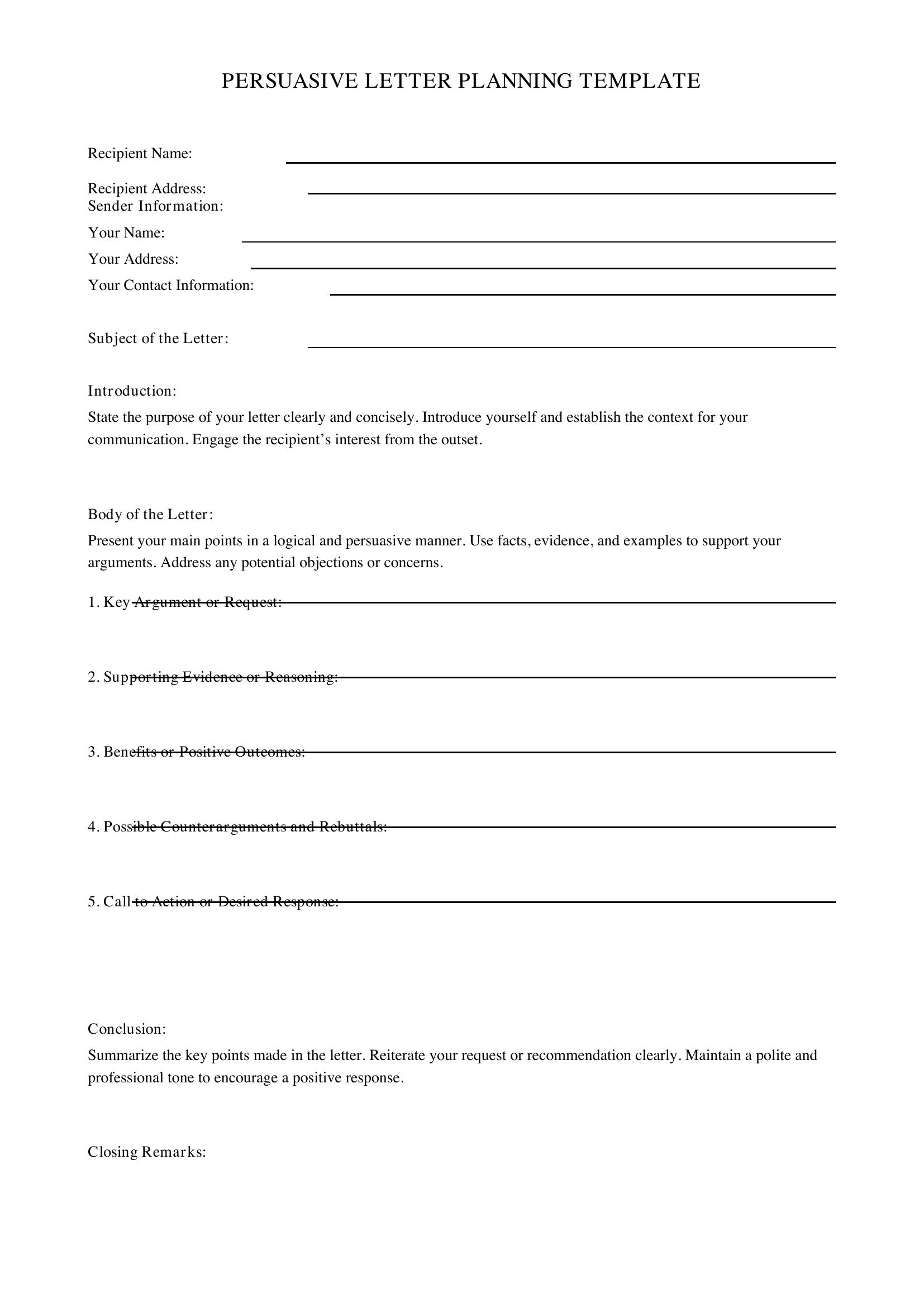 Persuasive Letter Planning Template - UK