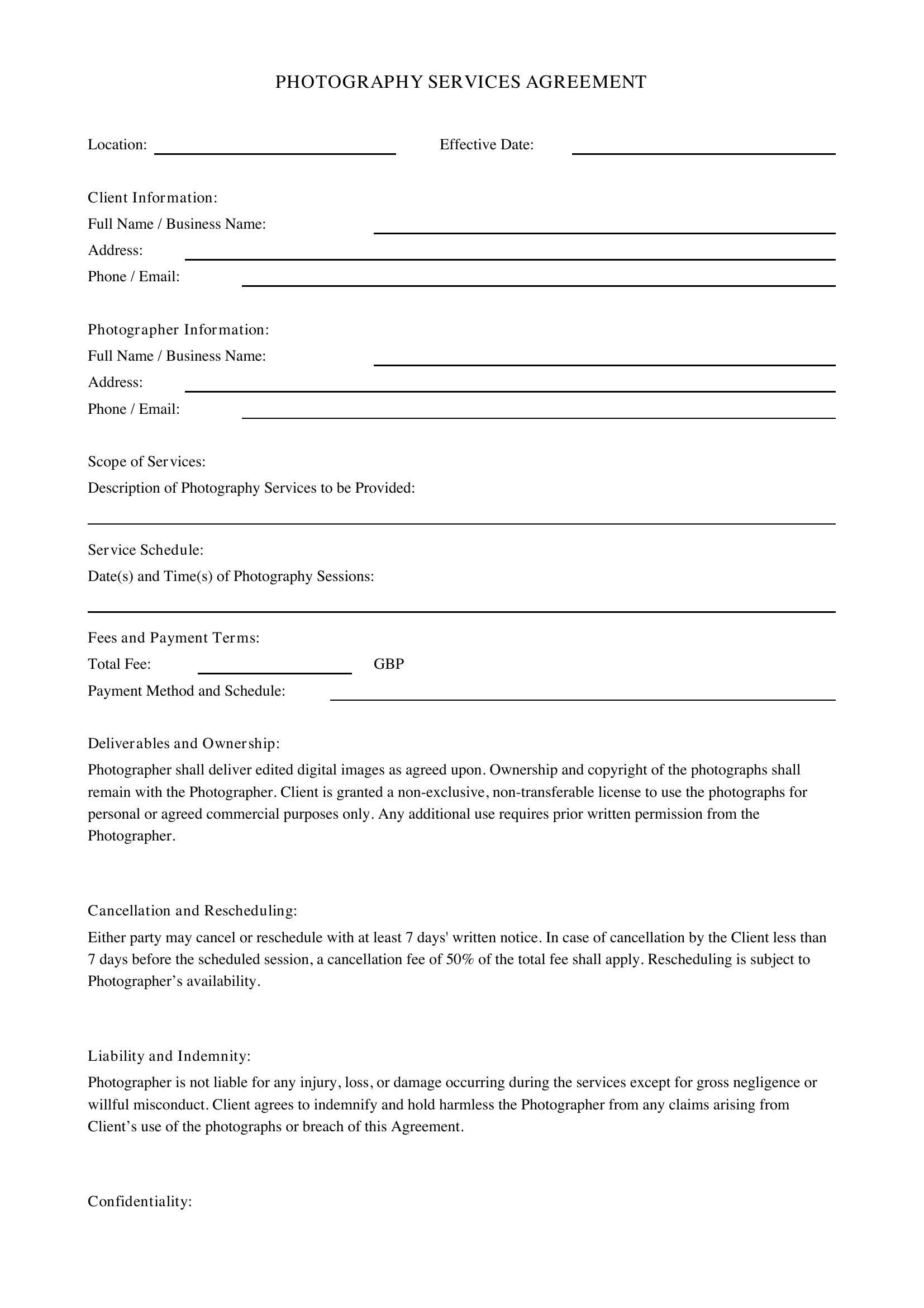 Photography Contract Template - UK