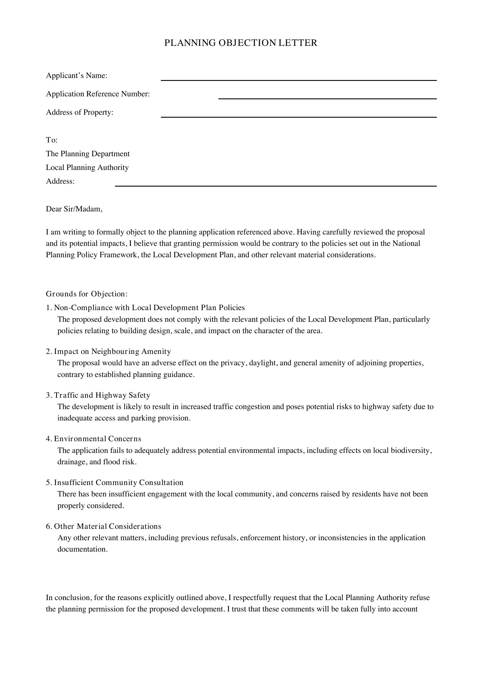 Planning Objection Letter Template - UK