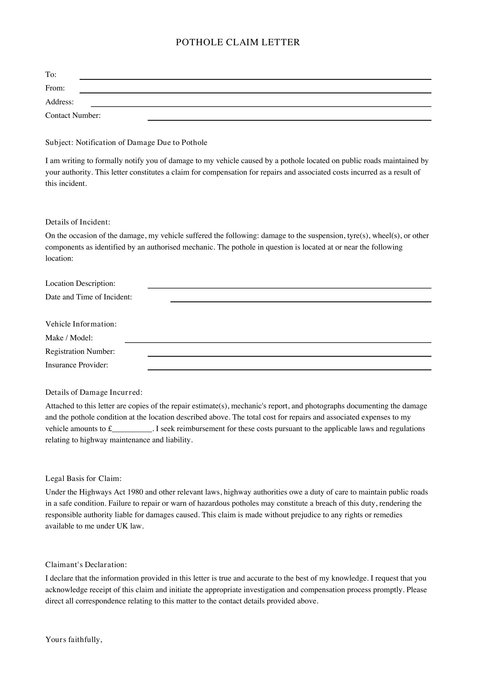 Pothole Claim Letter Template - UK