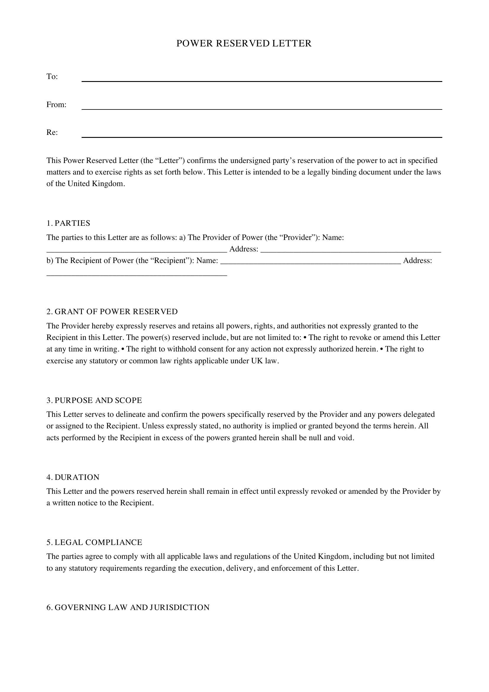 Power Reserved Letter Template - UK