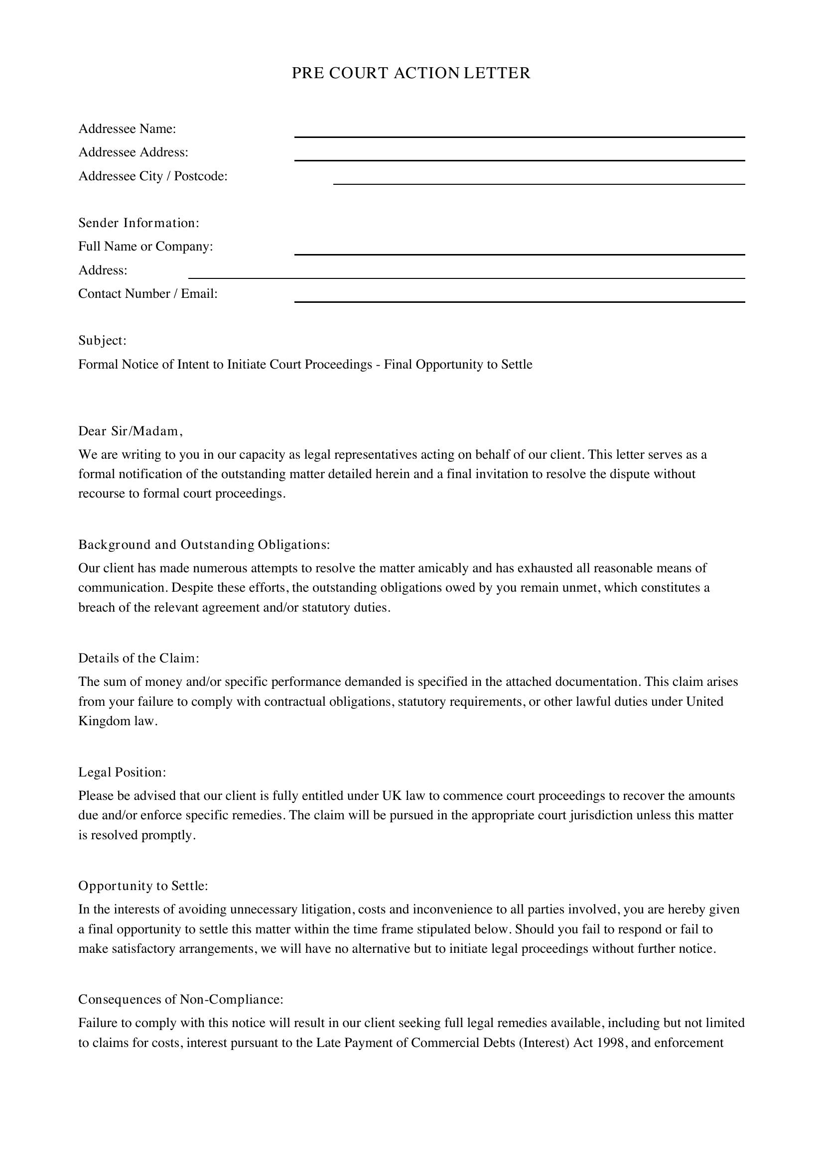 Pre Court Action Letter Template - UK