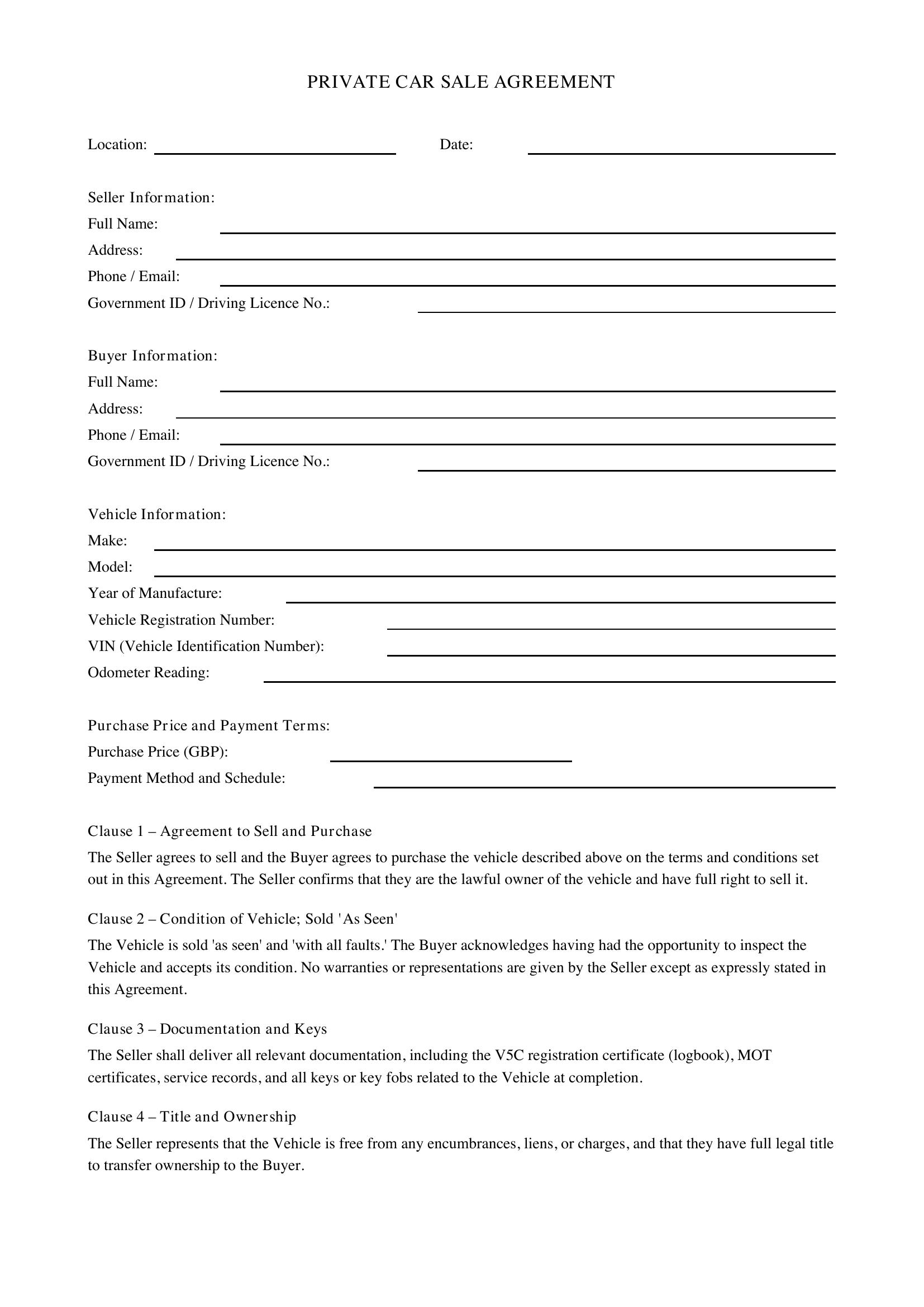 Private Car Sale Contract Template - UK