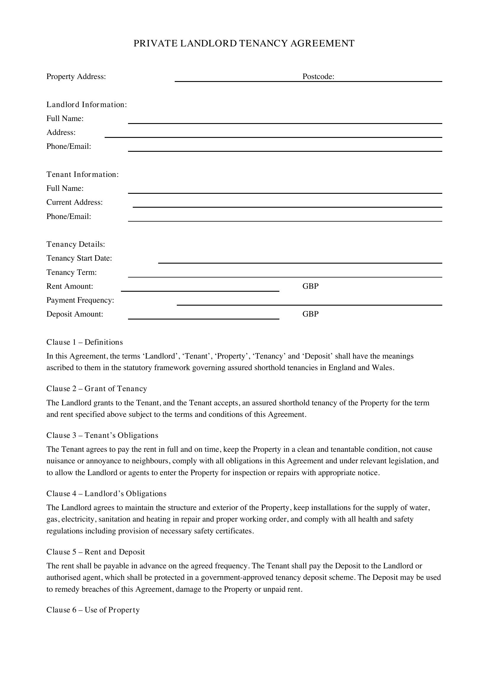 Private Landlord Tenancy Agreement Template - UK