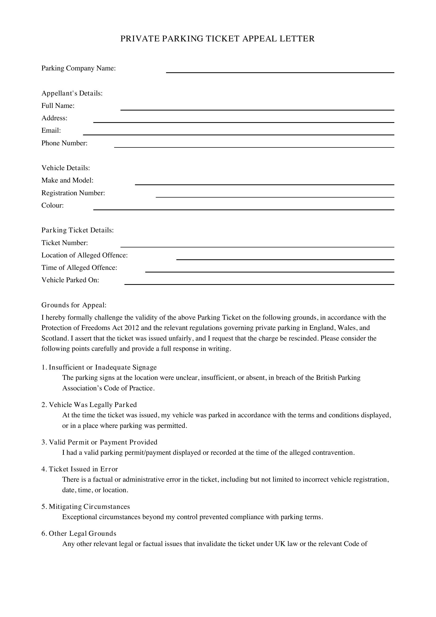 Private Parking Ticket Appeal Letter Template - UK