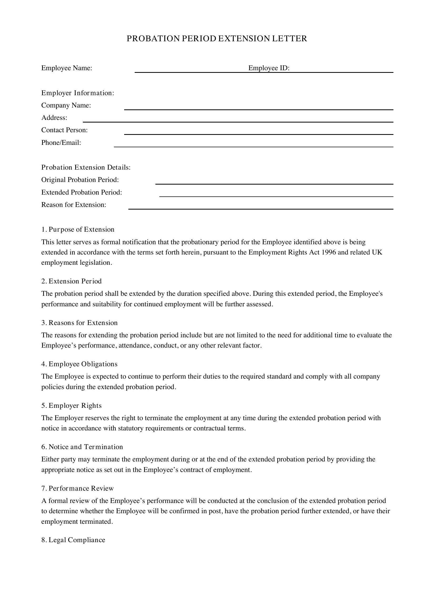 Probation Extension Letter Template - UK