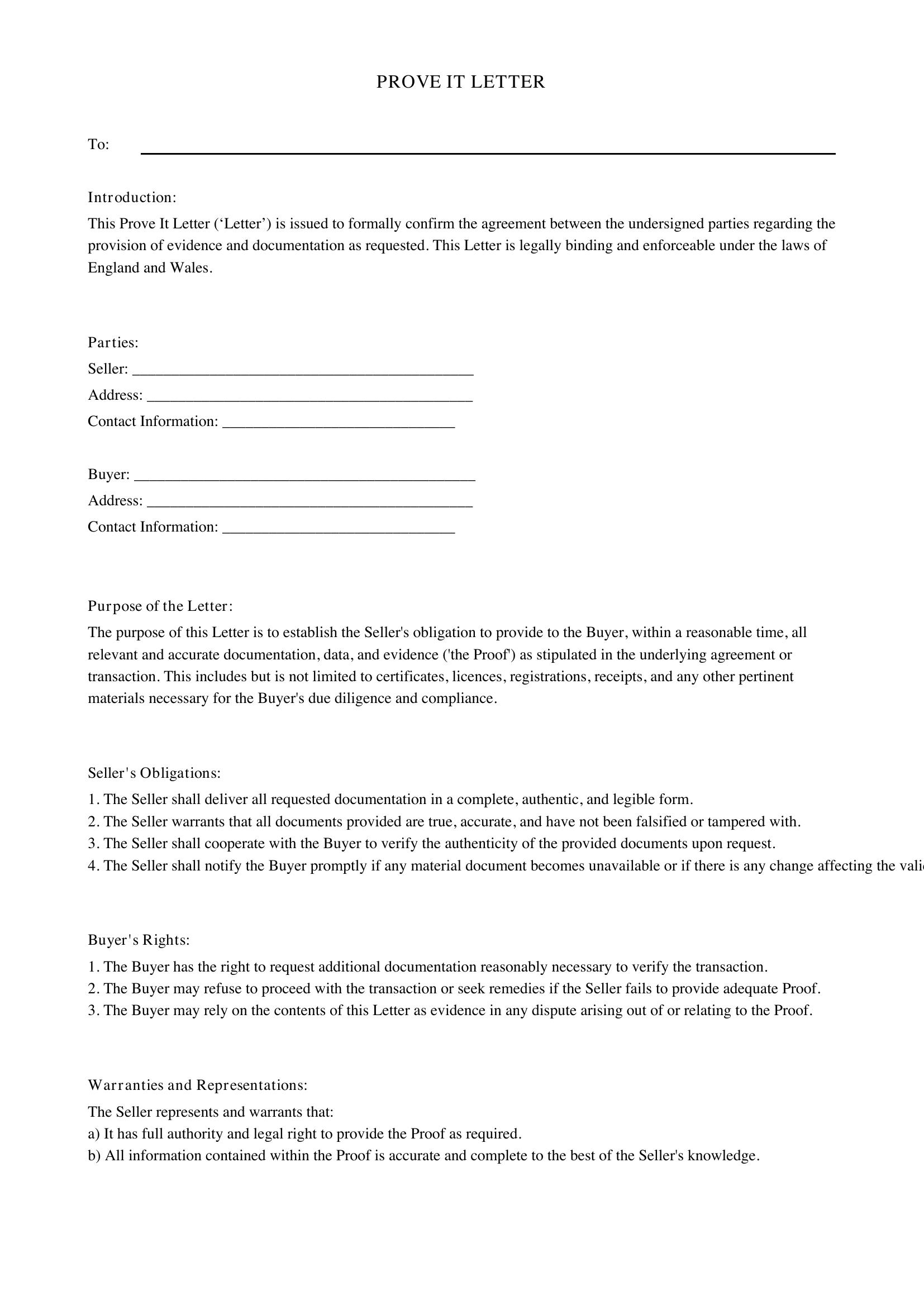 Prove It Letter Template - UK