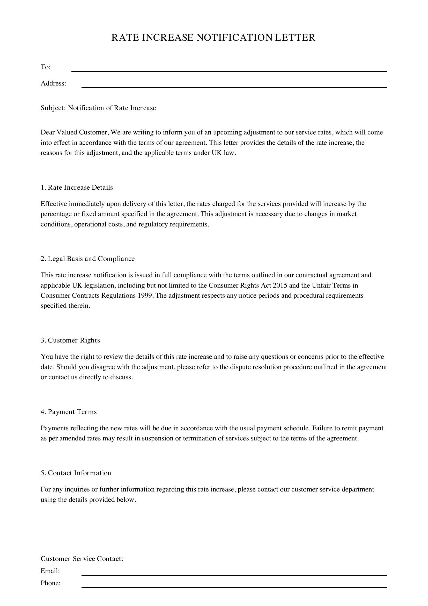 Rate Increase Letter Template - UK