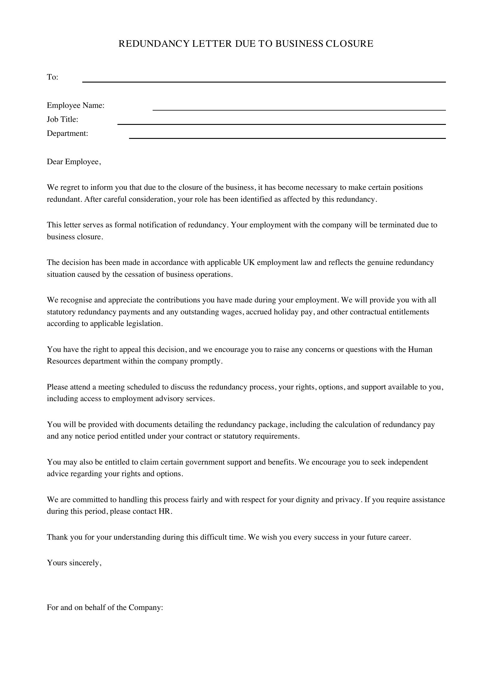 Redundancy Letter Due To Business Closure Template - UK