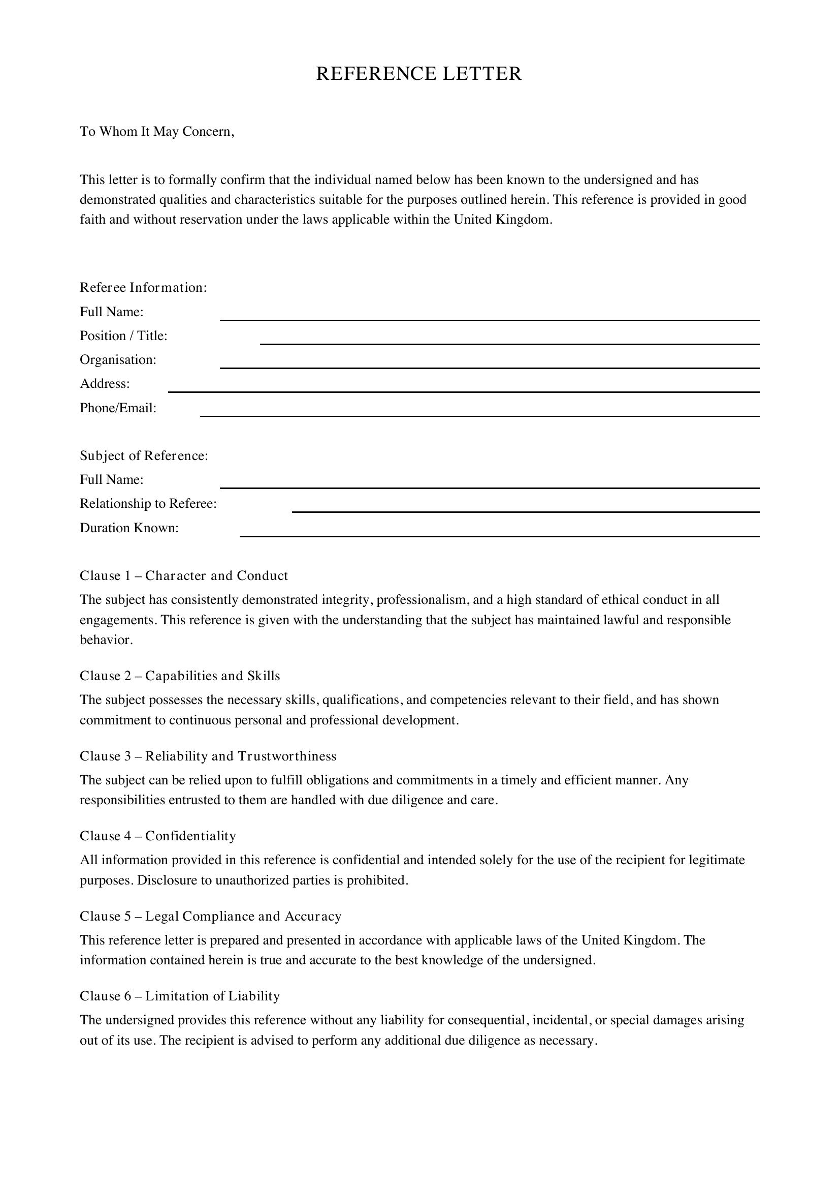 Reference Letter Template - UK