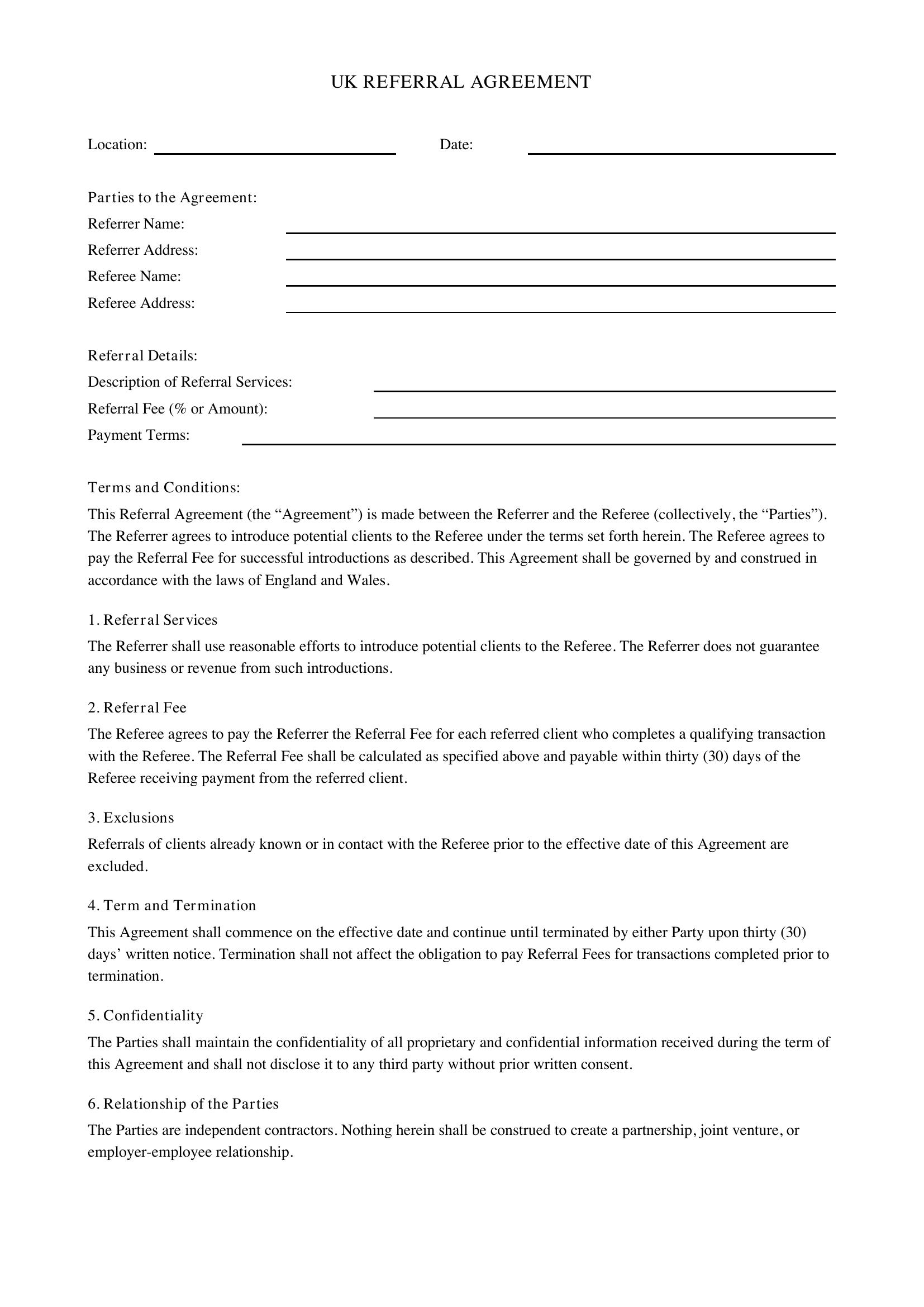 Referral Agreement Template - UK