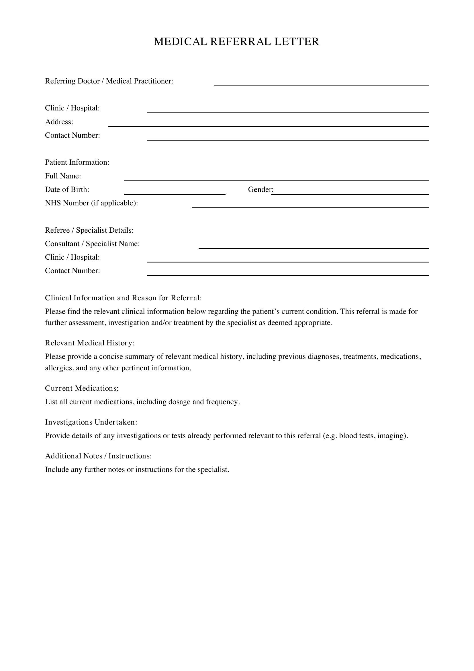Referral Letter Medical Template - UK