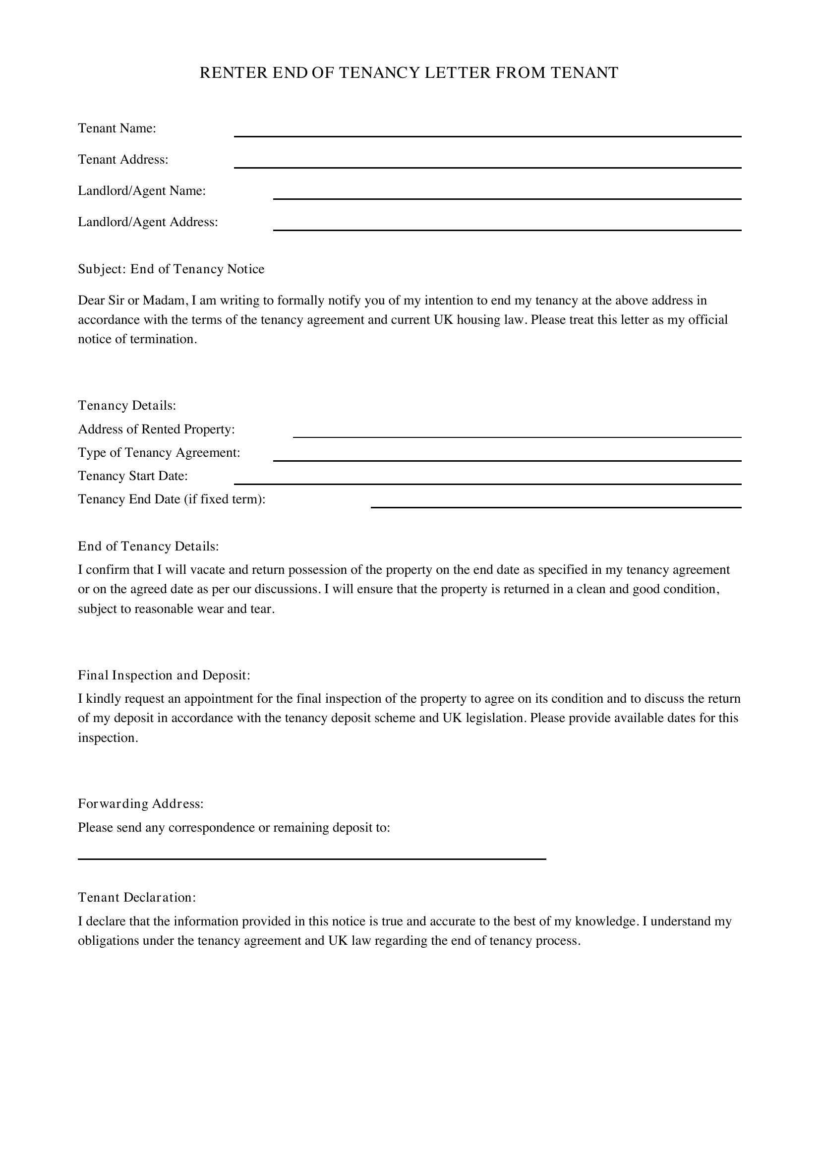 Renter End Of Tenancy Letter From Tenant Template - UK