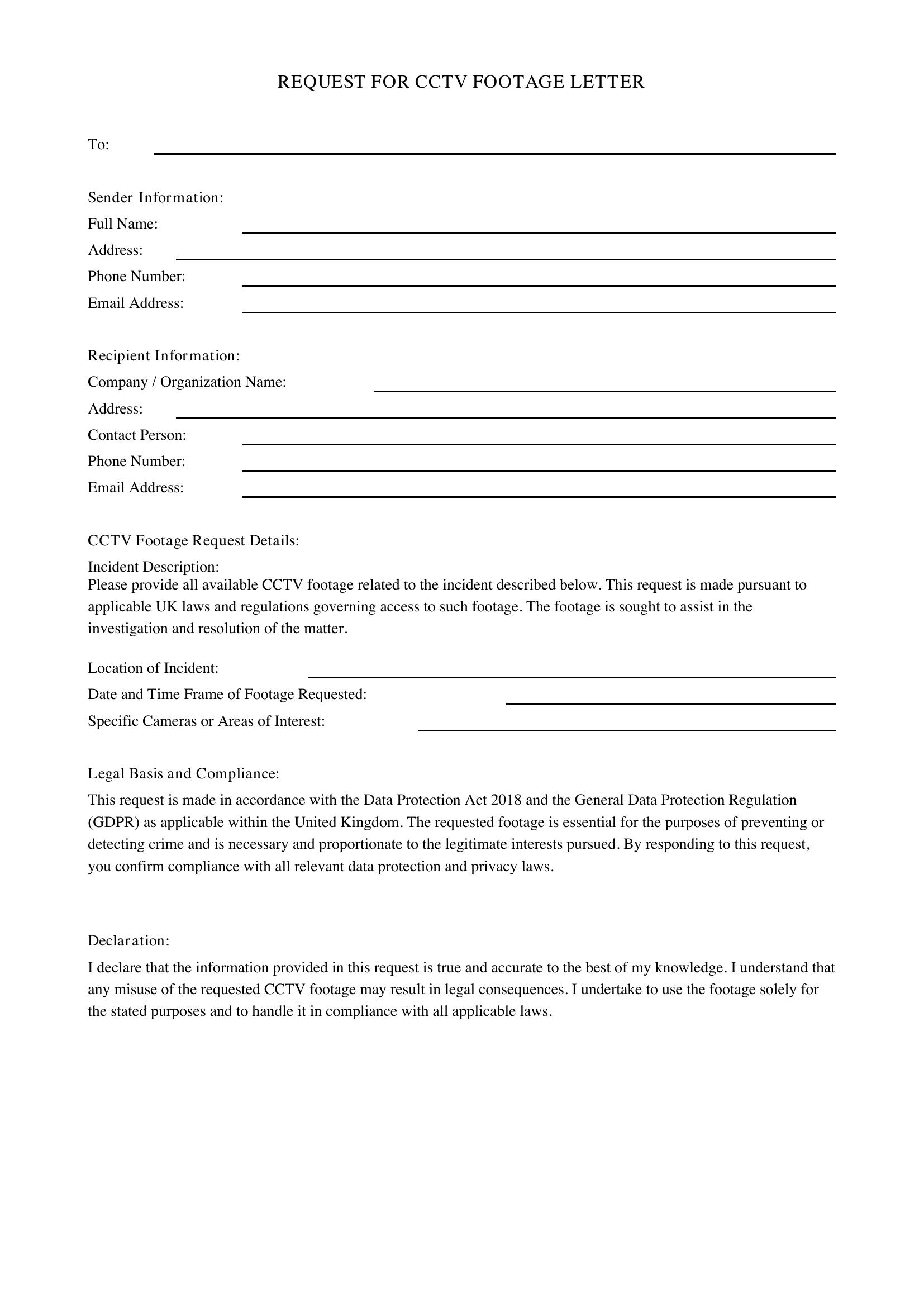 Request Cctv Footage Letter Template - UK