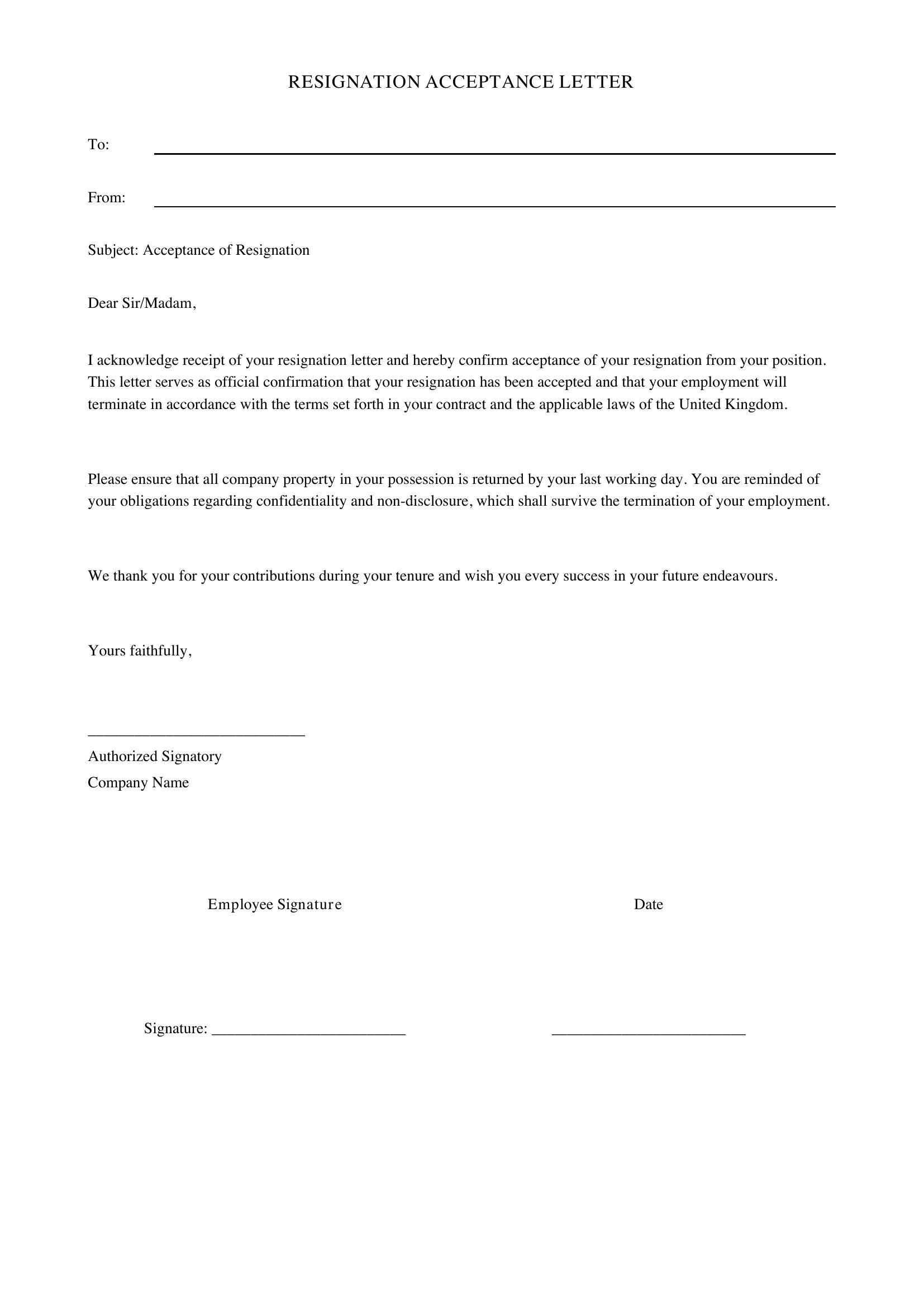 Resignation Acceptance Letter Template - UK