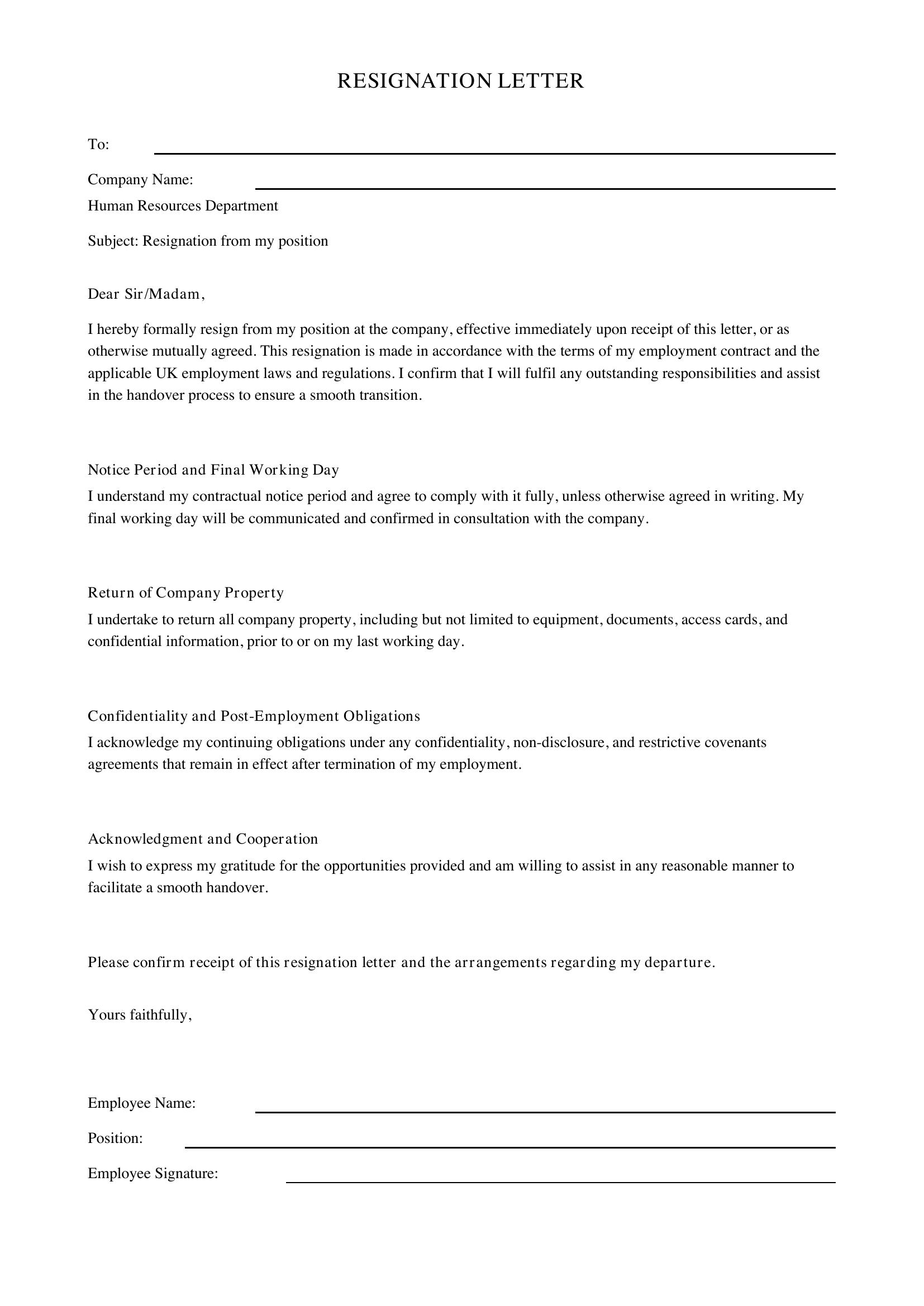 Resignation Letter Email Template - UK