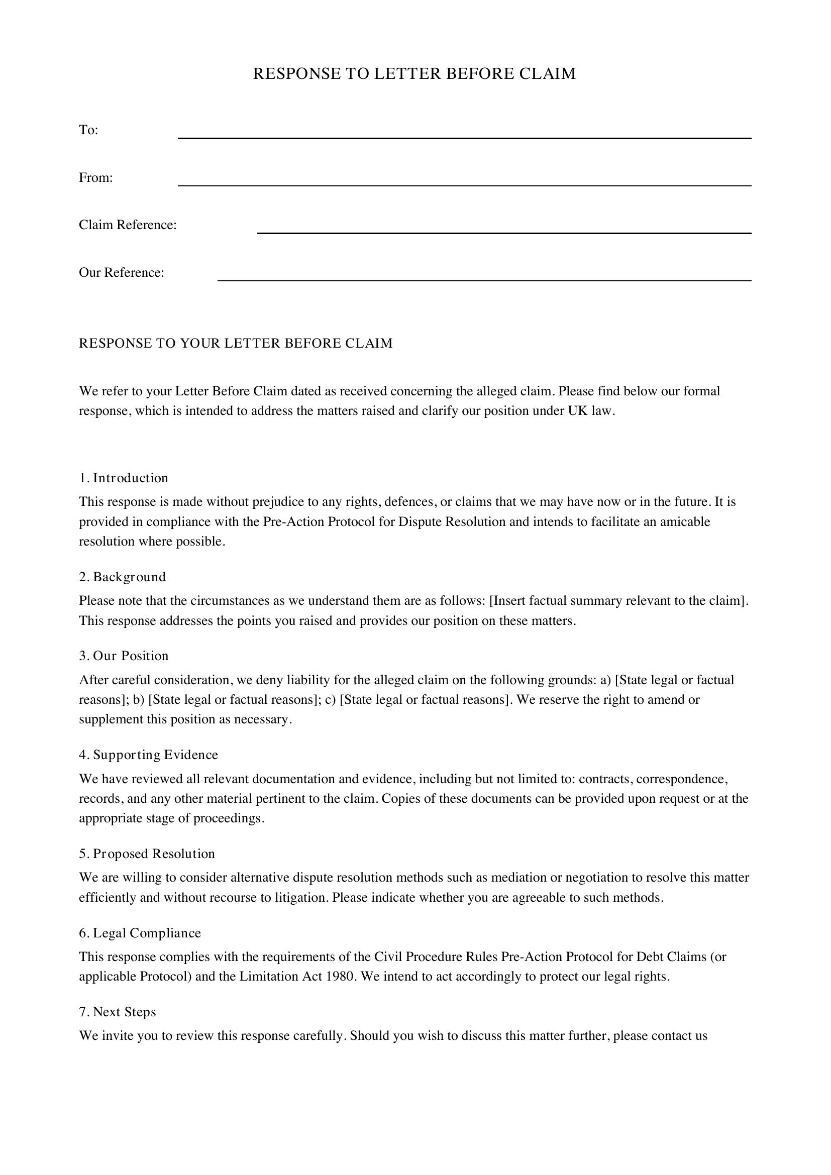 Response To Letter Before Claim Template - UK