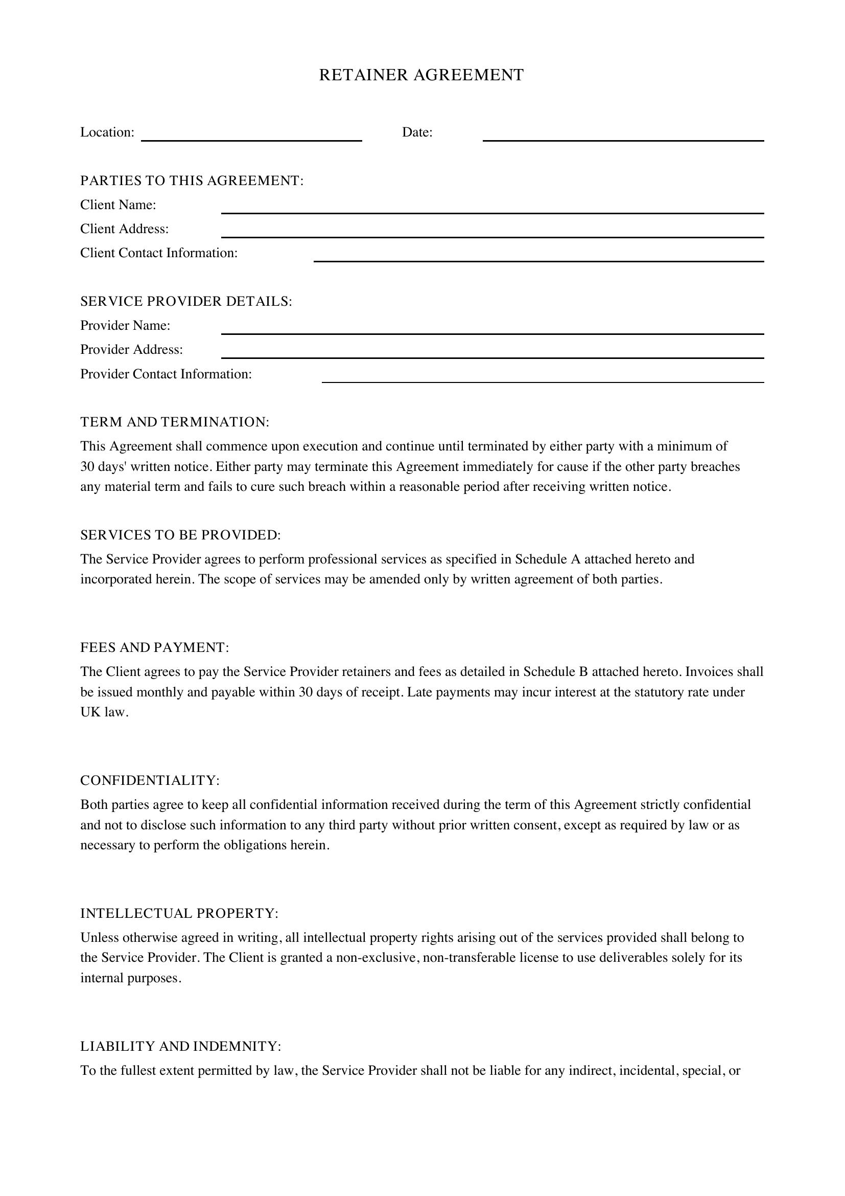 Retainer Contract Template - UK