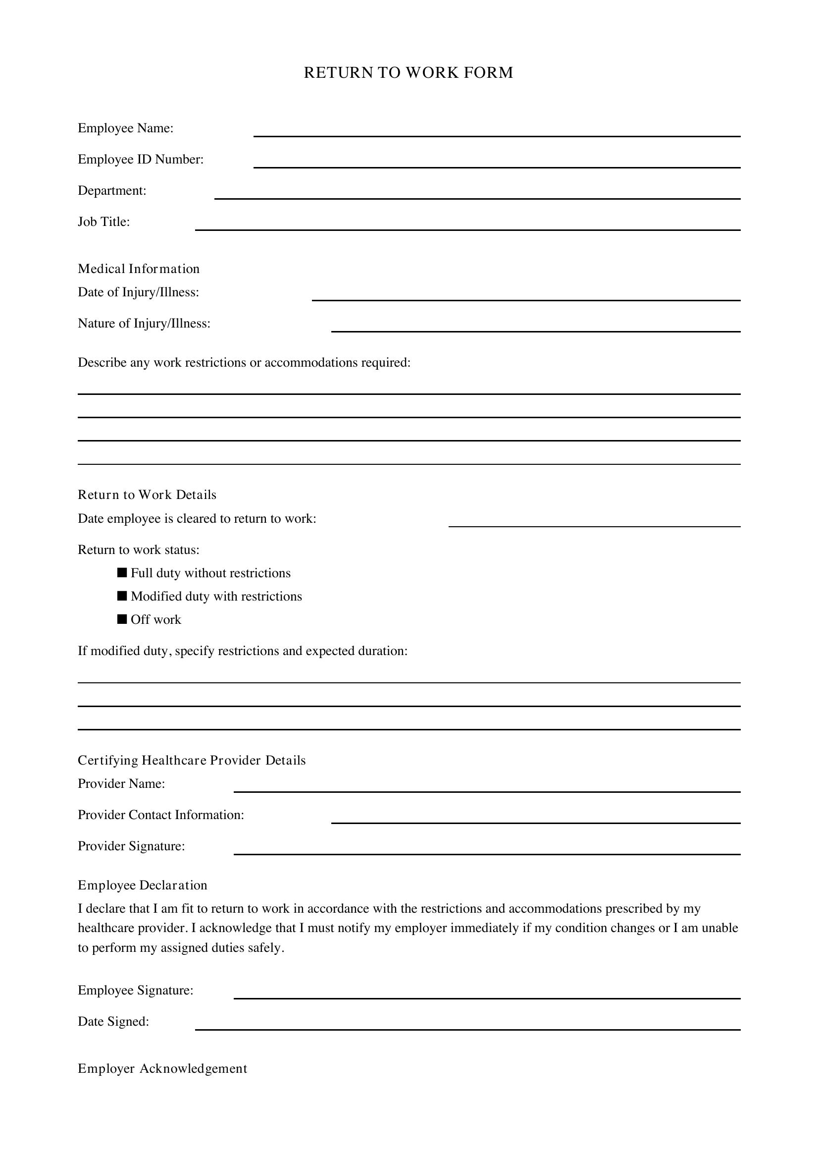 Return To Work Form Template - UK