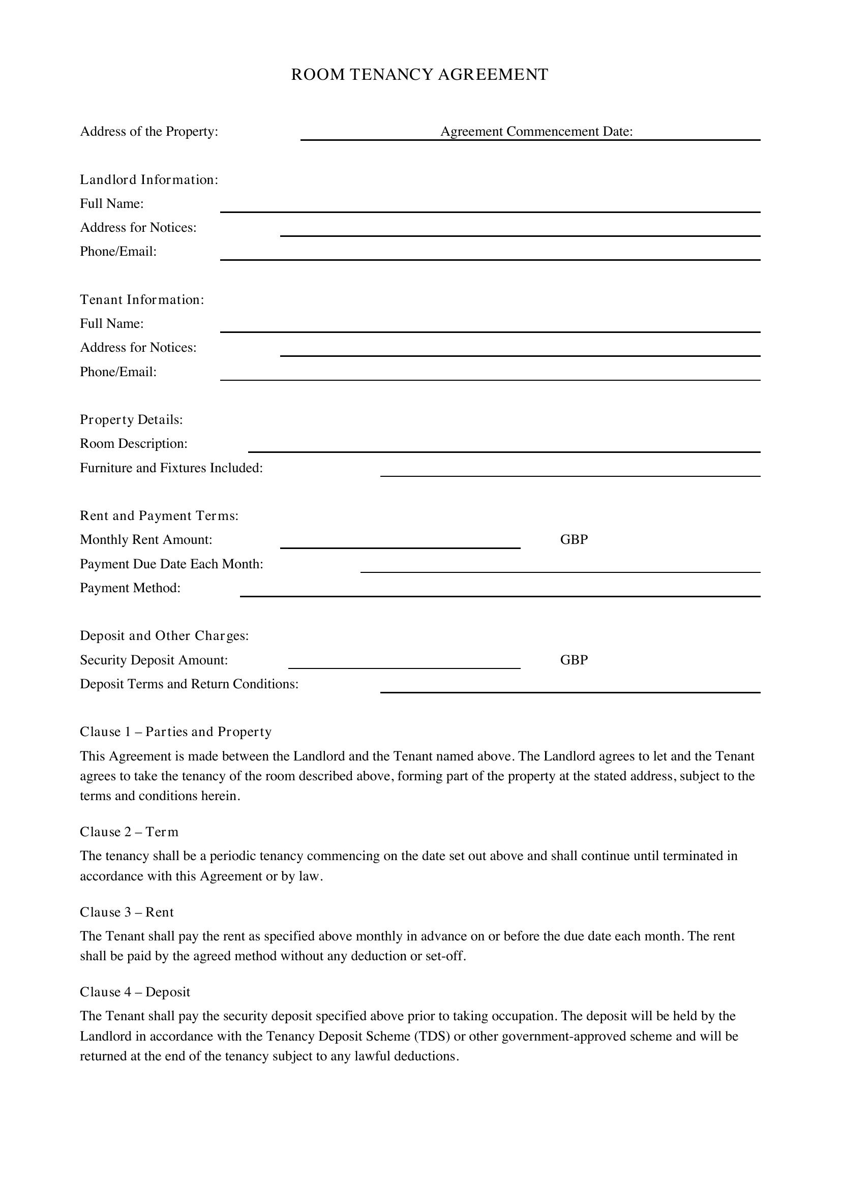 Room Tenancy Agreement Template - UK