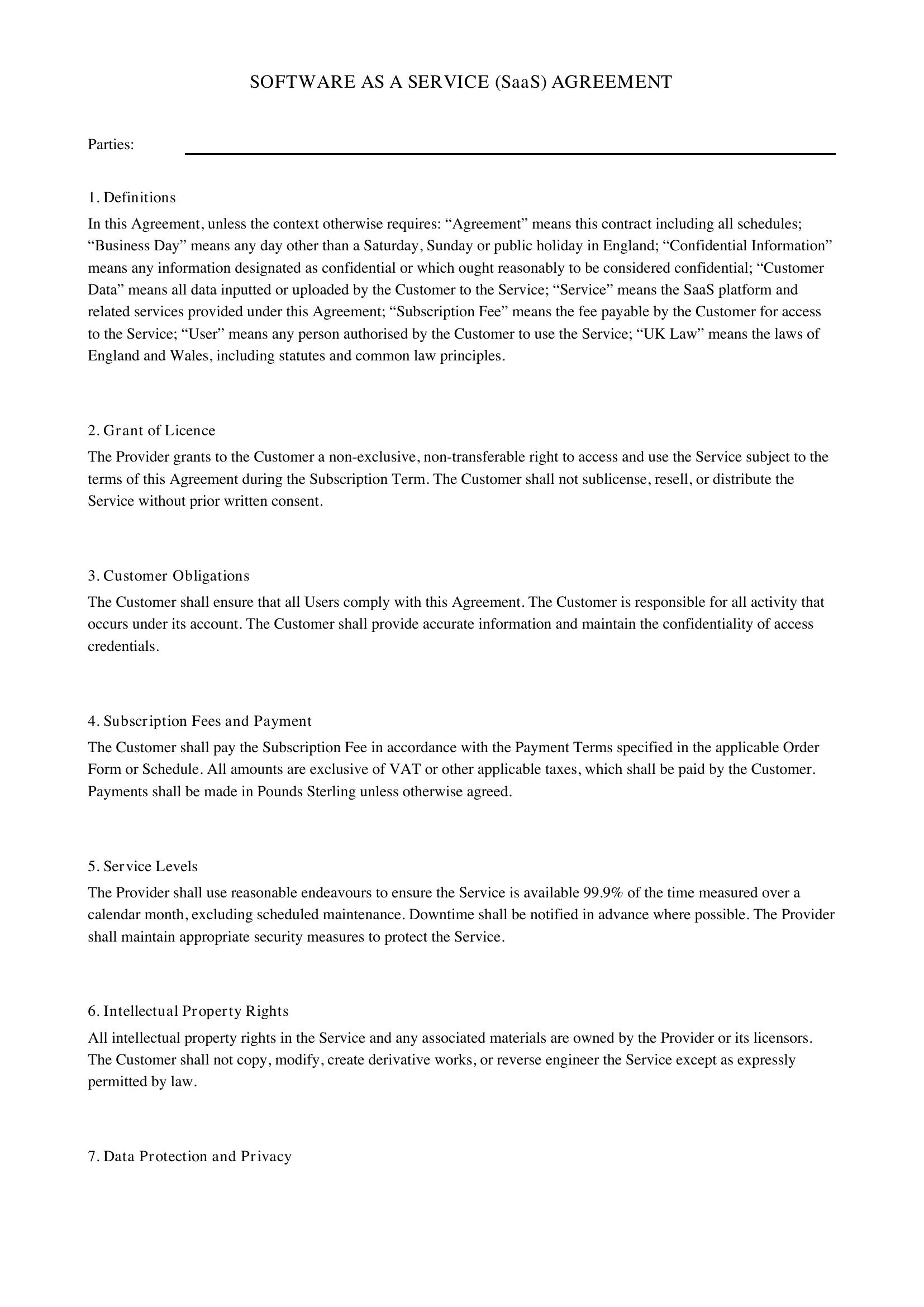 Saas Contract Template - UK