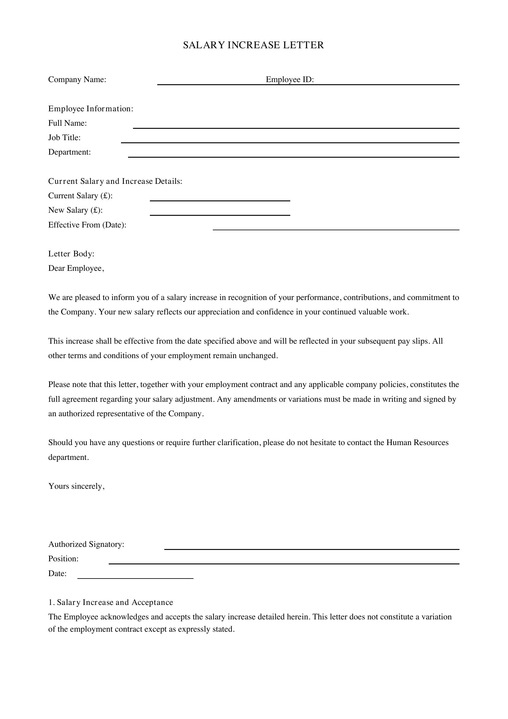 Salary Increase Letter To Employee Template - UK