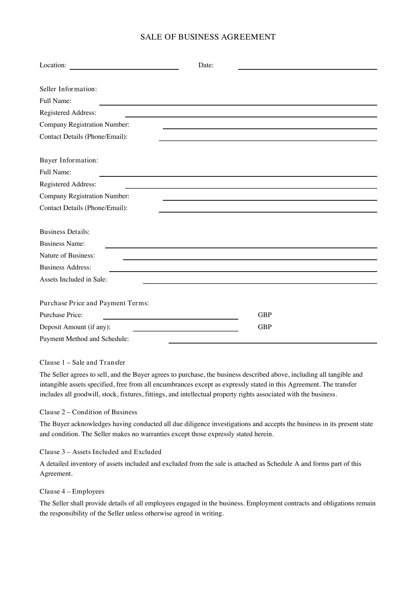 Sale Of Business Agreement Template - UK