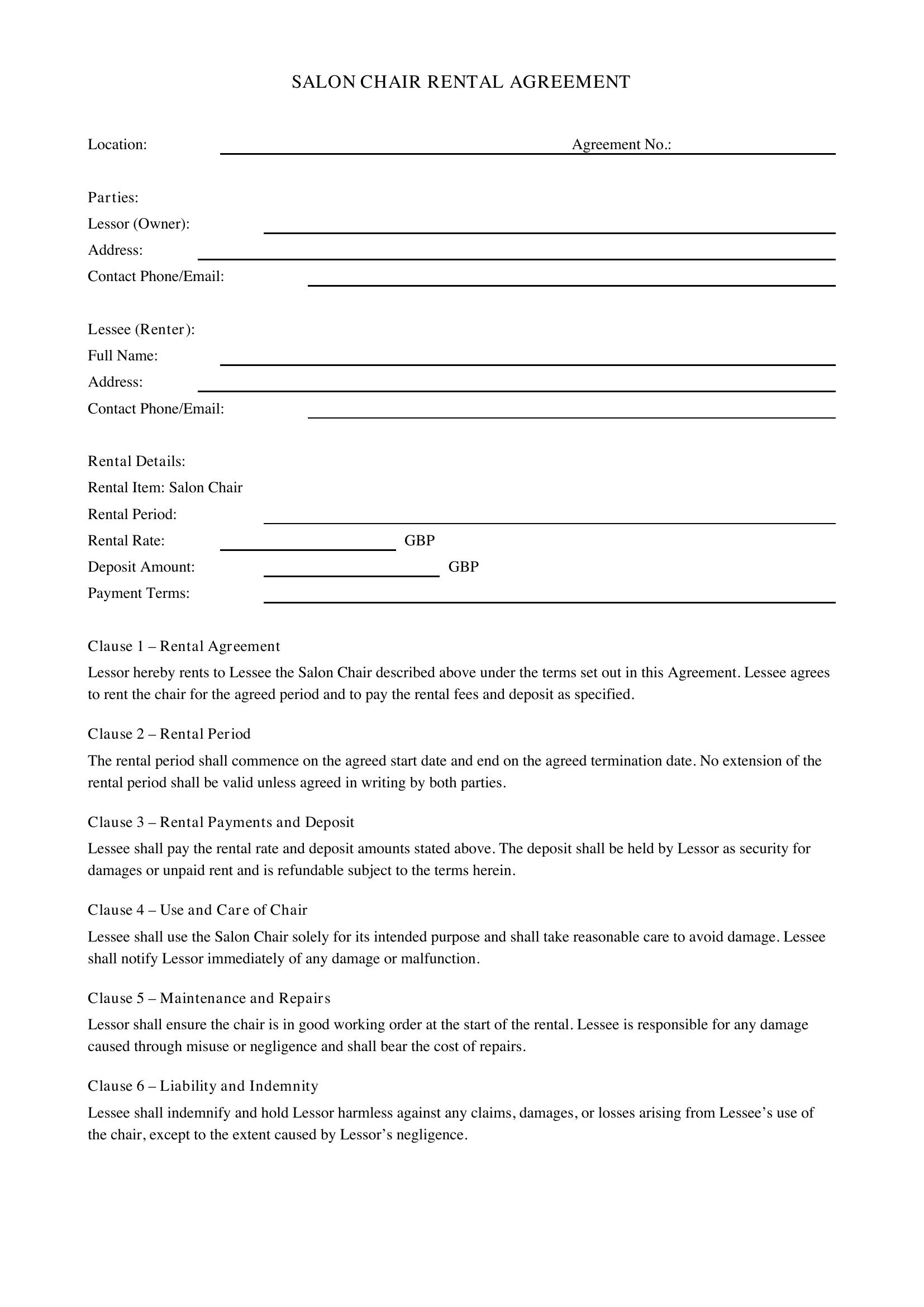 Salon Chair Rental Agreement Template - UK
