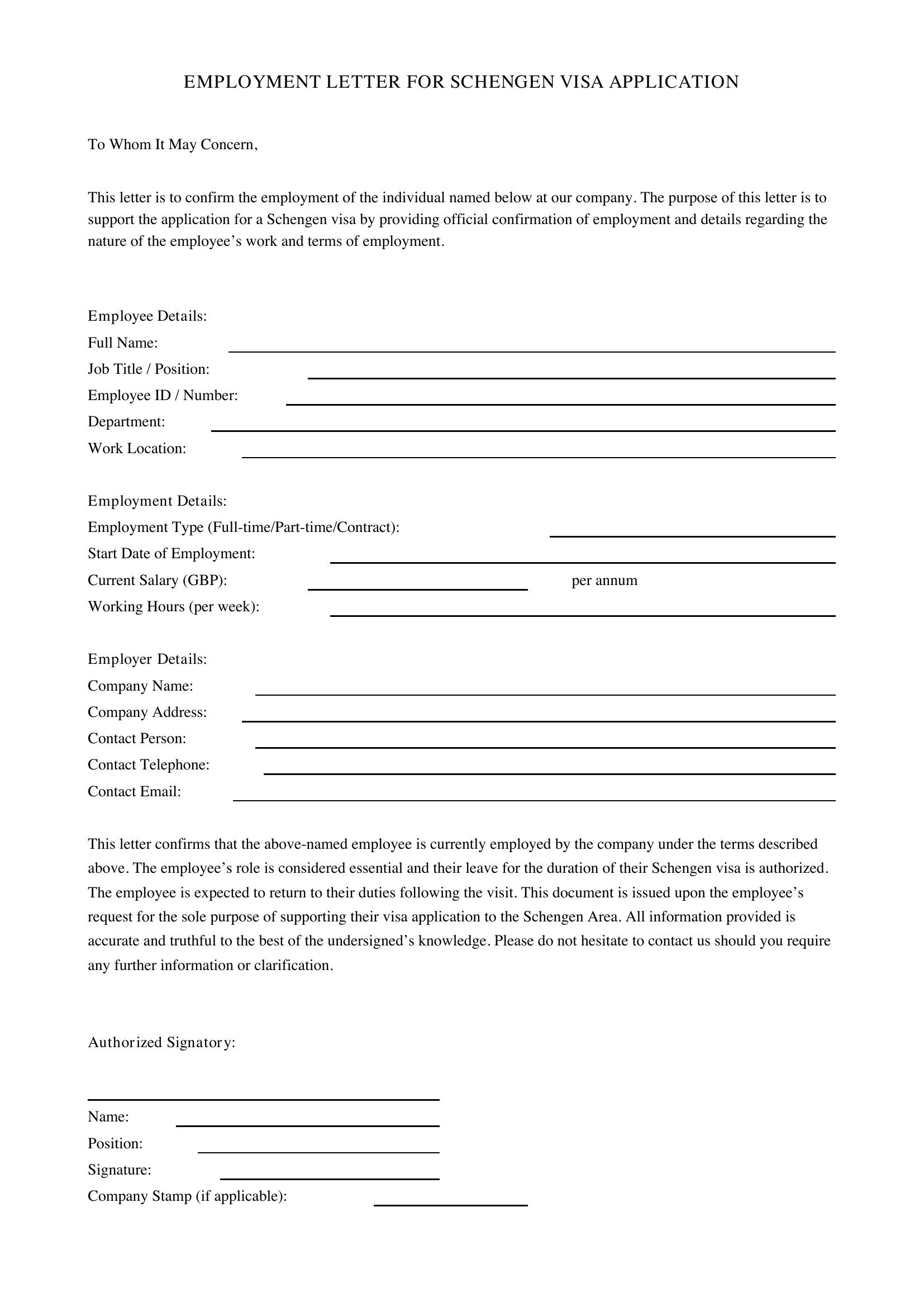 Schengen Visa Employment Letter Template - UK