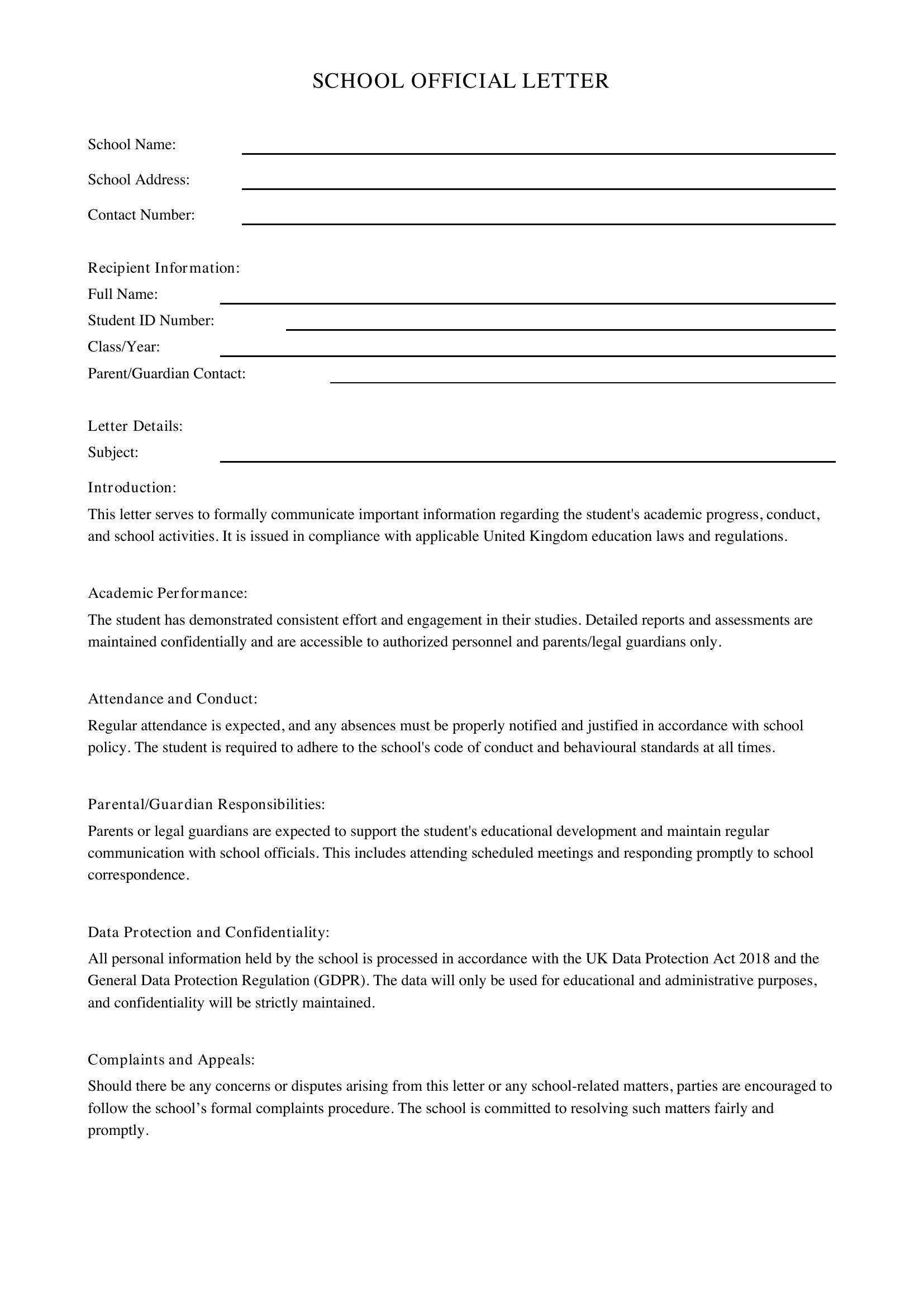 School Letter Template - UK