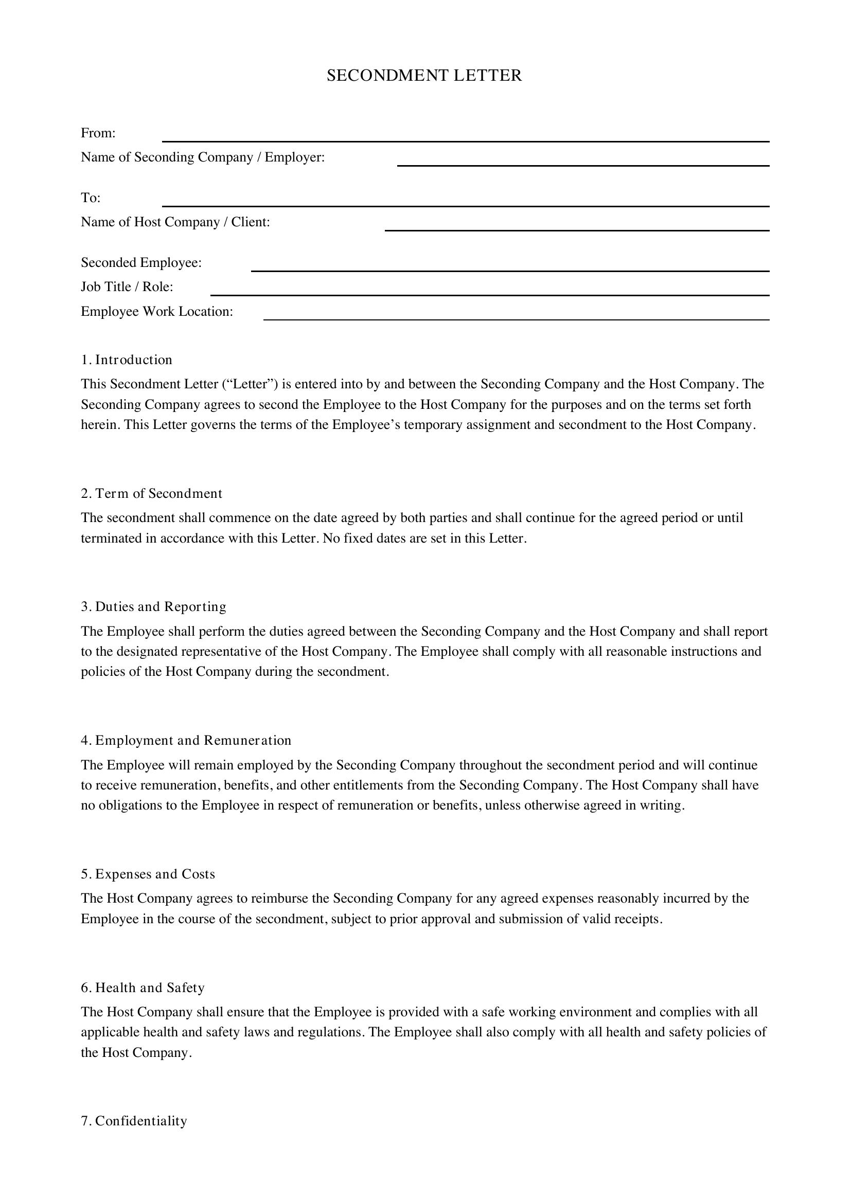 Secondment Letter Template - UK
