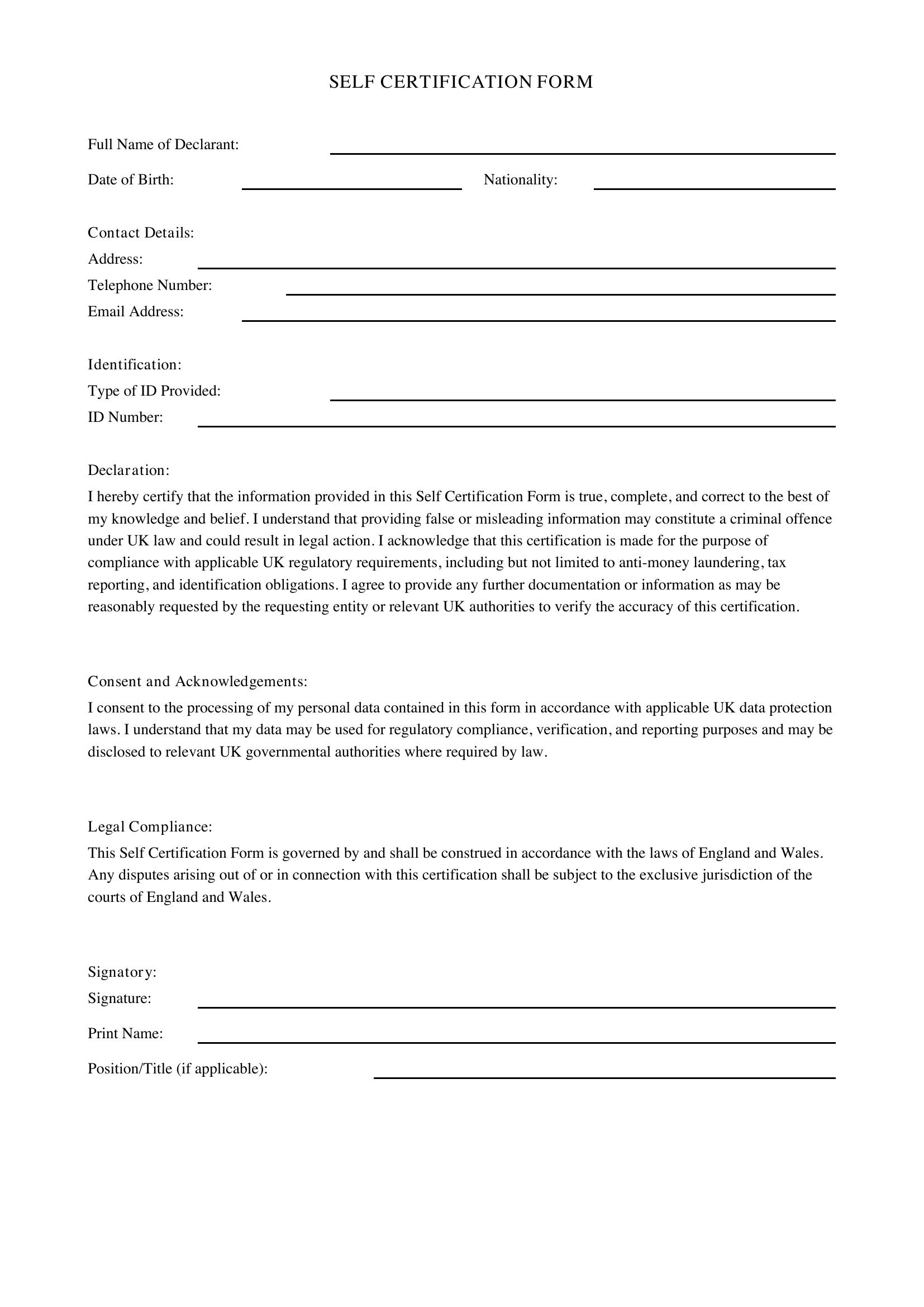 Self Certification Form Template - UK