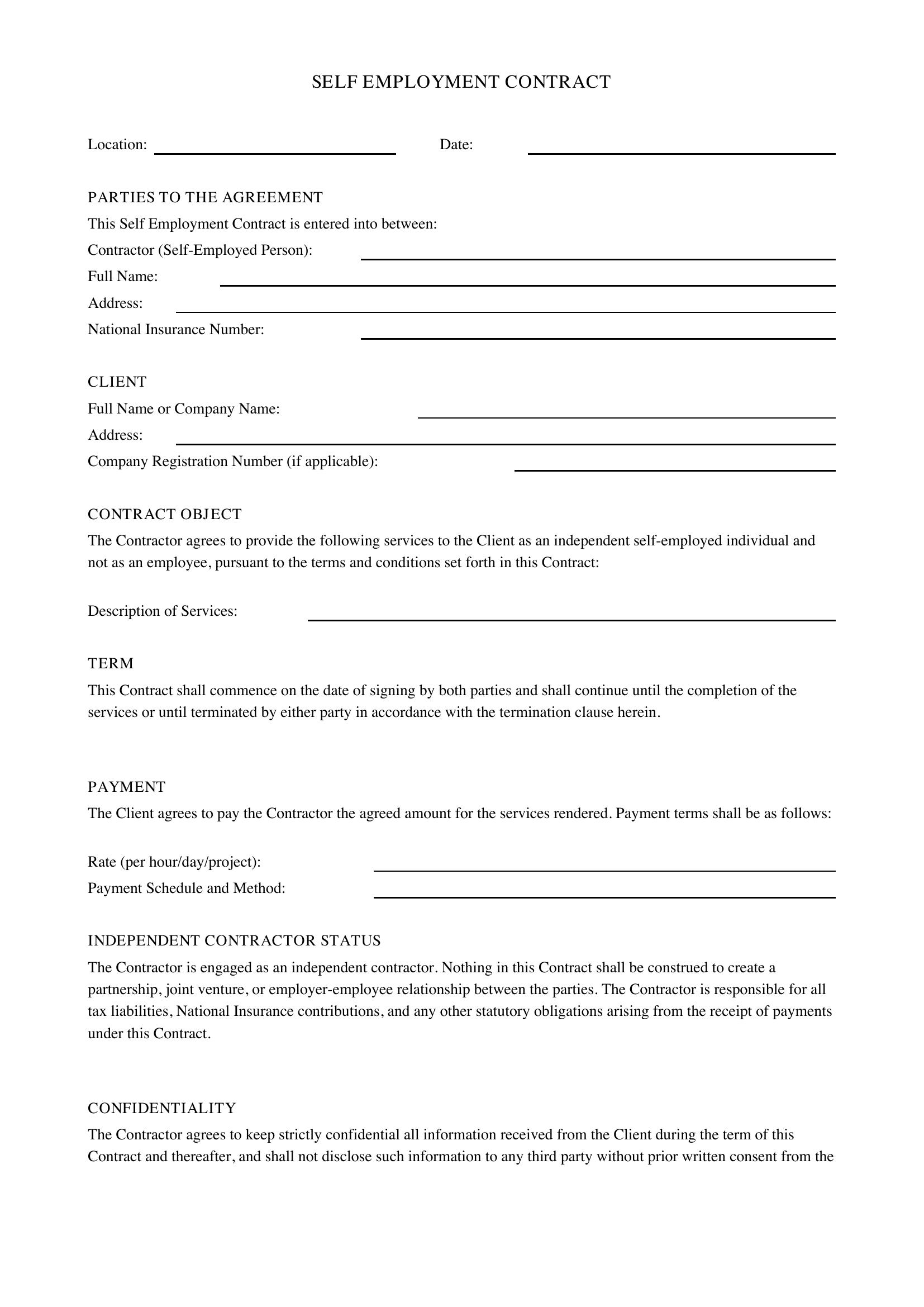 Self Employment Contract Template - UK
