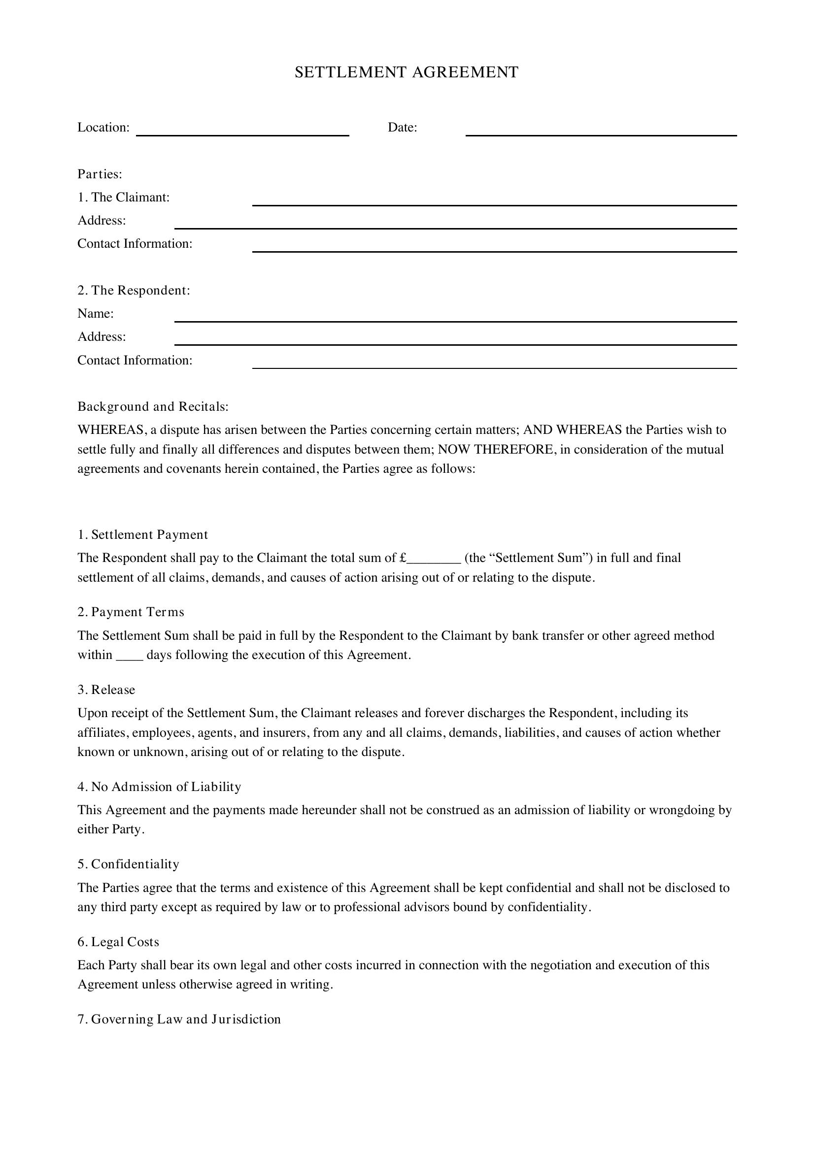 Settlement Agreement Template - UK