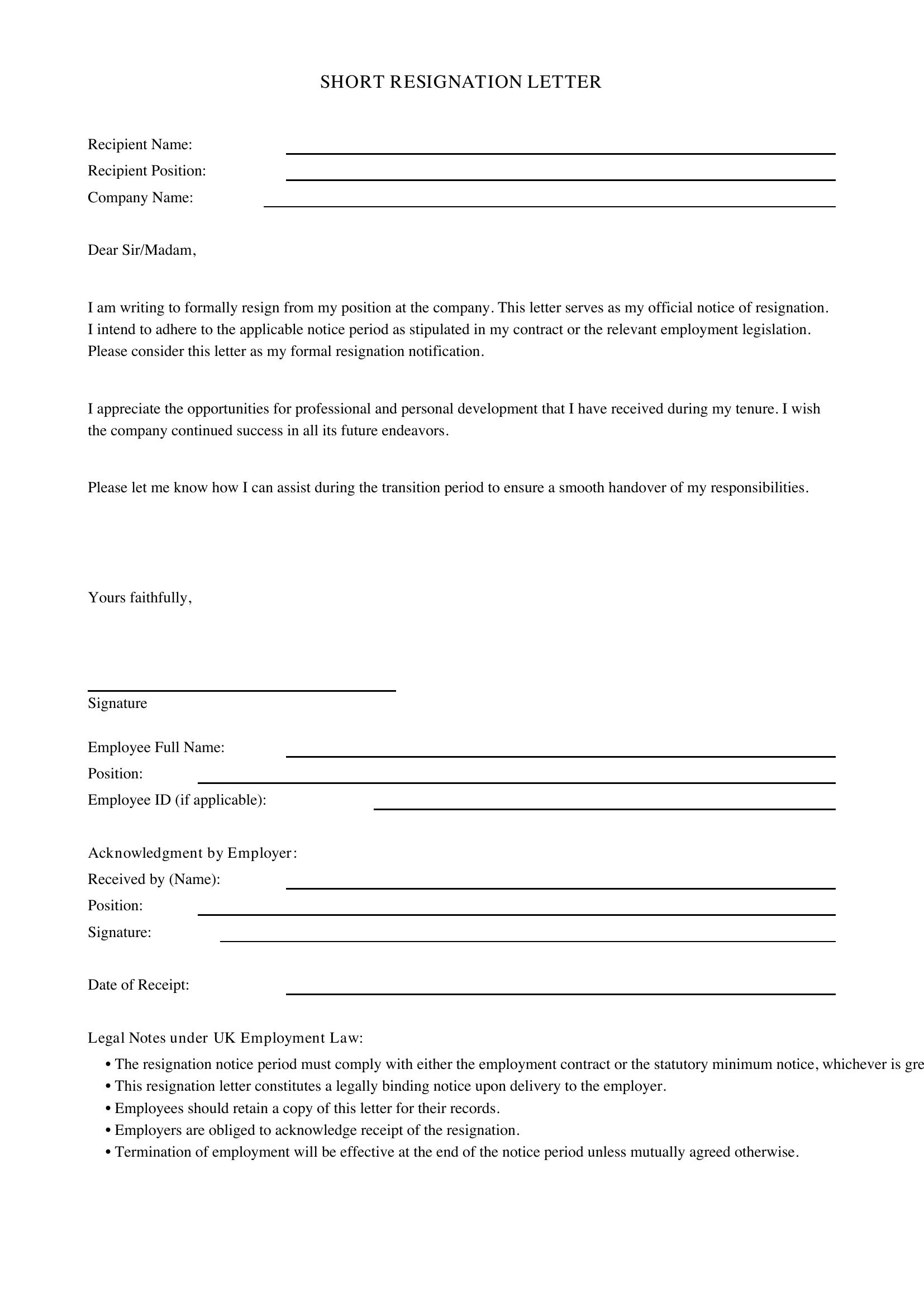 Short Resignation Letter Template - UK